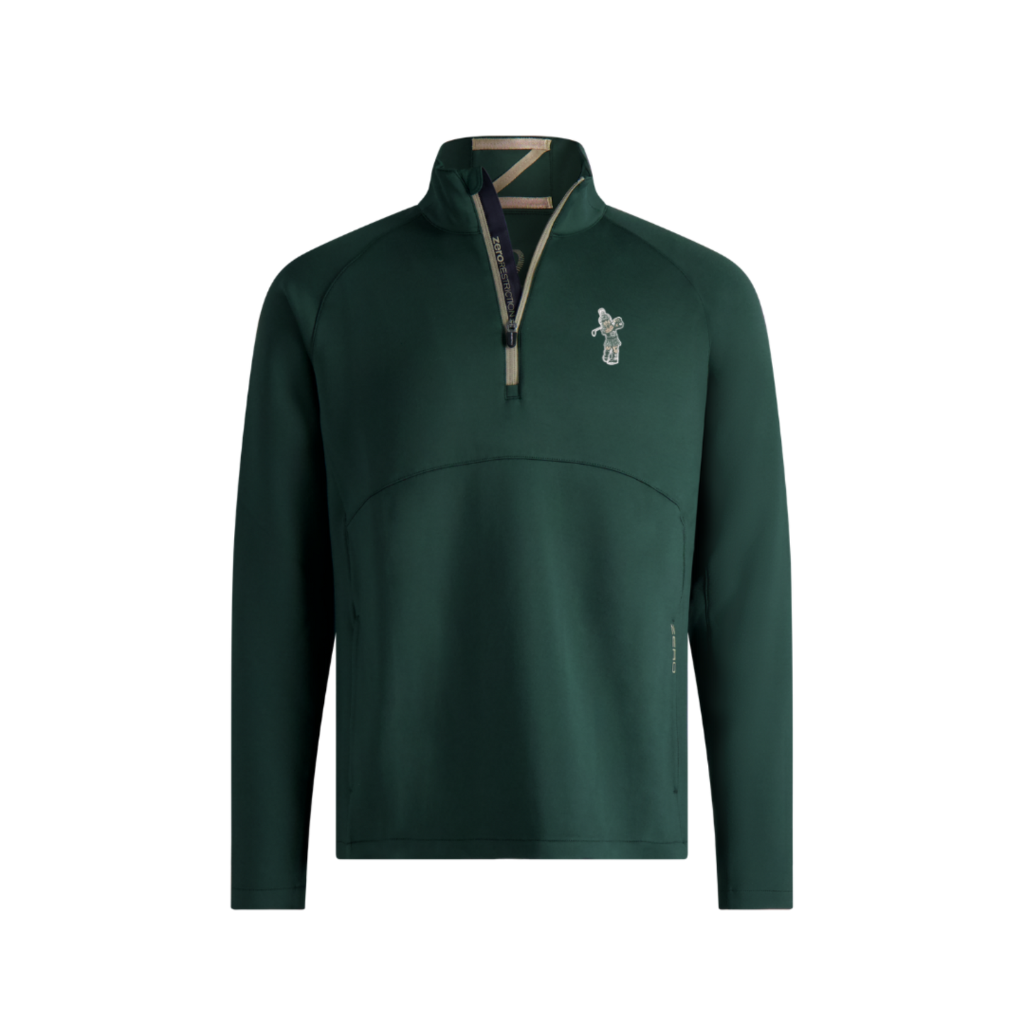 Green quarter-zip pullover with tan accent around zipper. Embroidered on left chest is a Golf Sparty logo. On inner zipper lining that is black, in tan screen print is the 'zero restriction' logo.