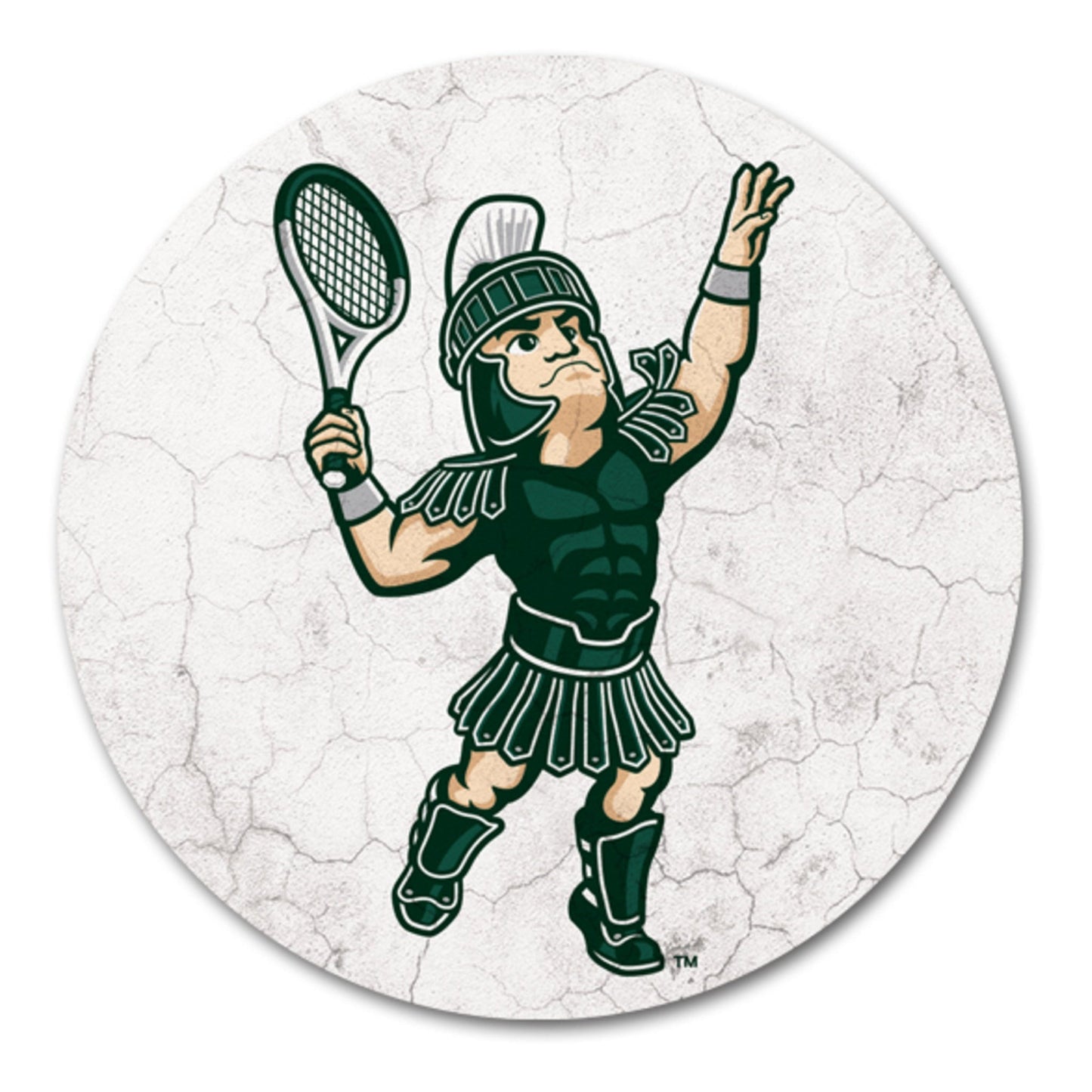 A white coaster with a Tennis Sparty motif.