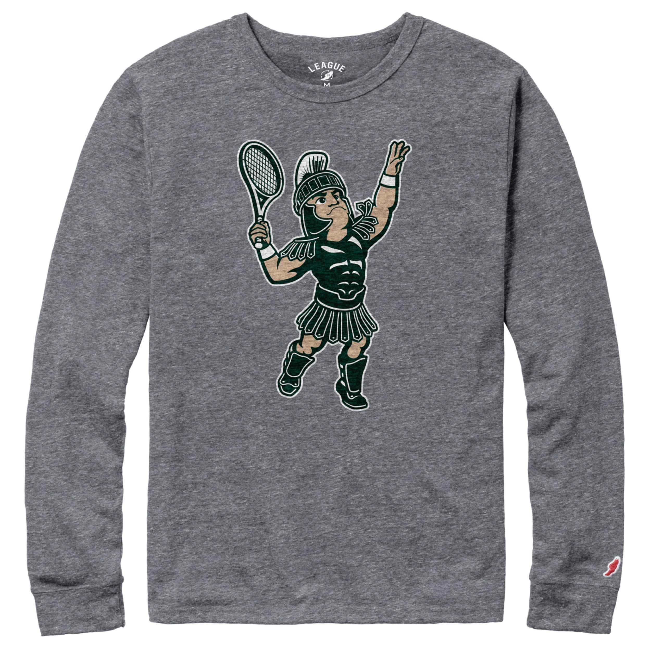 A gray long sleeve t-shirt with a graphic of Sparty playing tennis on the chest.
