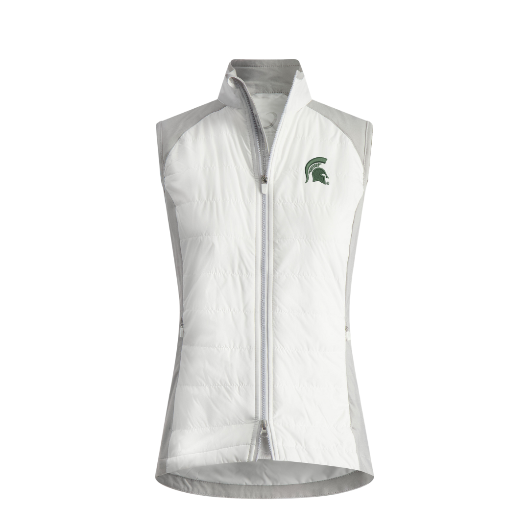 White two way full-zip vest with light gray panels on the shoulders, down the sides, inside the collar, and on the inner bottom hem. There is a dark green Spartan helmet logo embroidered on the upper left chest. Shown on a white background.