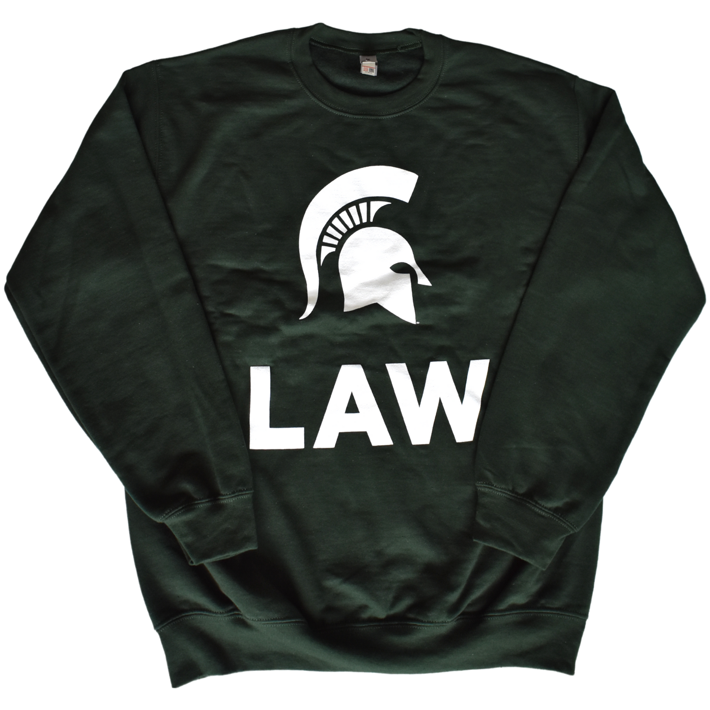 Dark green crewneck sweatshirt with a large white Spartan Helmet logo printed on the center chest above bold white letters spelling out "Law" in all caps.