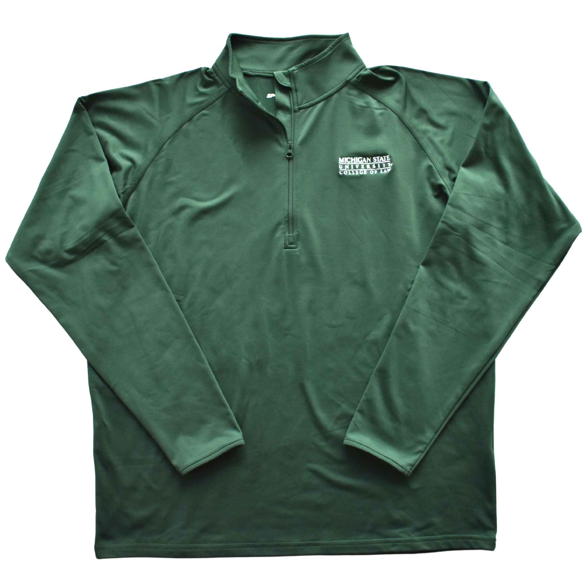 A dark kelly green jacket with raglan style sleeves and a half-length zipper. On the left chest is an embroidered Michigan State University College of Law wordmark logo in white.