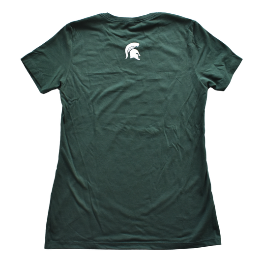 Back dark green women's cut crewneck T-shirt, with a small white Spartan Helmet logo centered under the neck line.