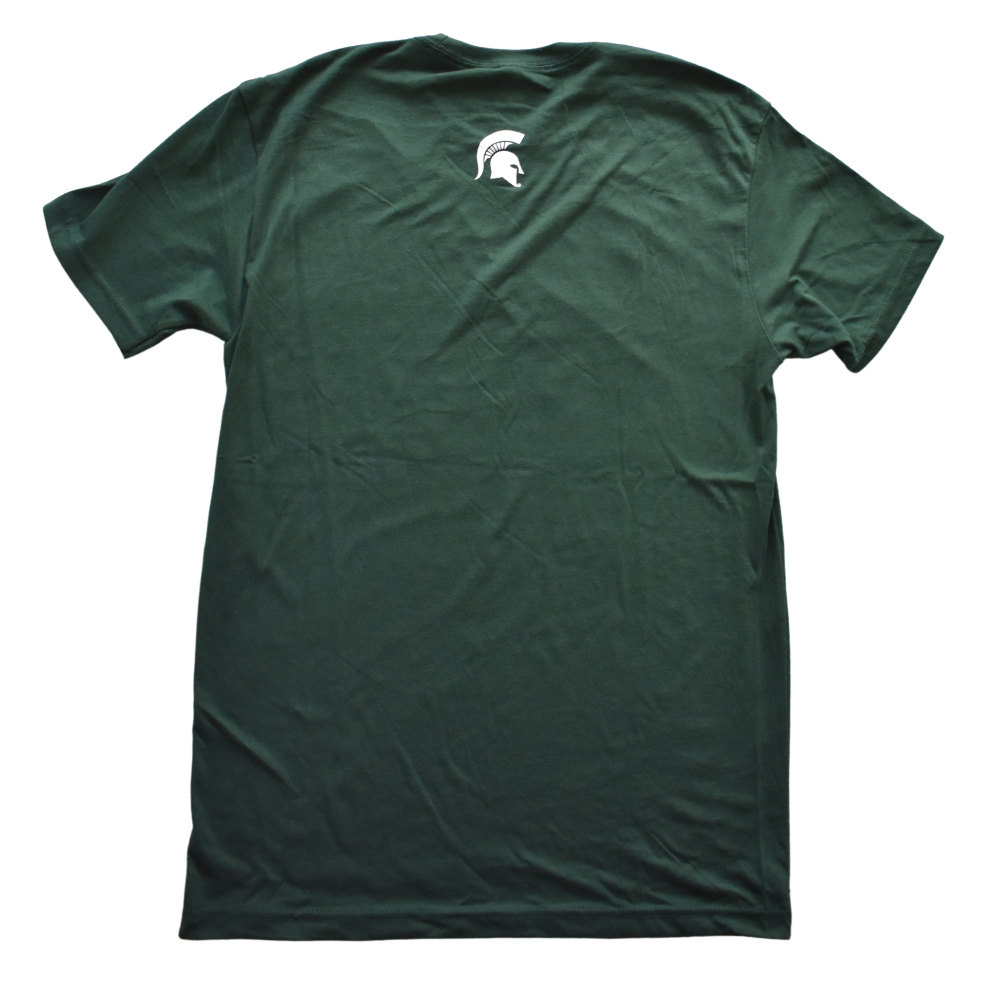 Back of a dark green crewneck t-shirt, with a small wite Spartan helmet center under the neck line,
