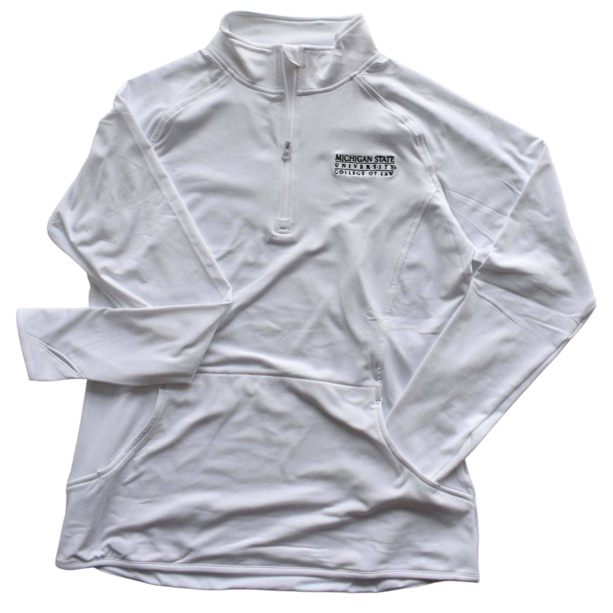 A white women's cut jacket featuring raglan style sleeves, curved torso stitching, and a half-length zipper. On the left chest is an embroidered Michigan State University College of Law wordmark logo in dark green. The jacket's left sleeve is tucked into one side of a kangaroo pocket, while the other sleeve is turned out to show the thumb cuffs.