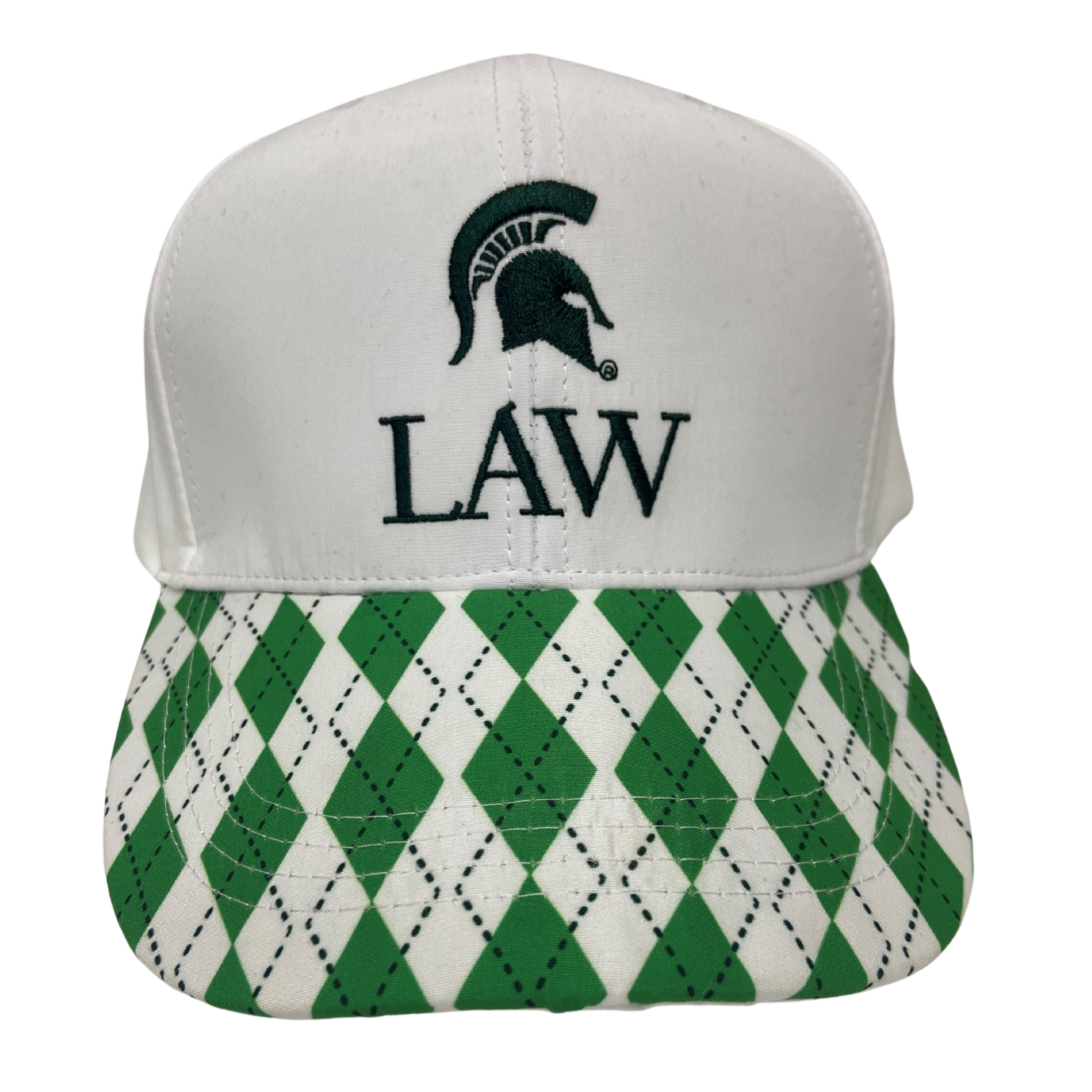 A ball cap with a white base that includes the MSU Spartan helmet logo and the word Law in all caps underneath. The bill of the cap has a green and white diamond pattern.