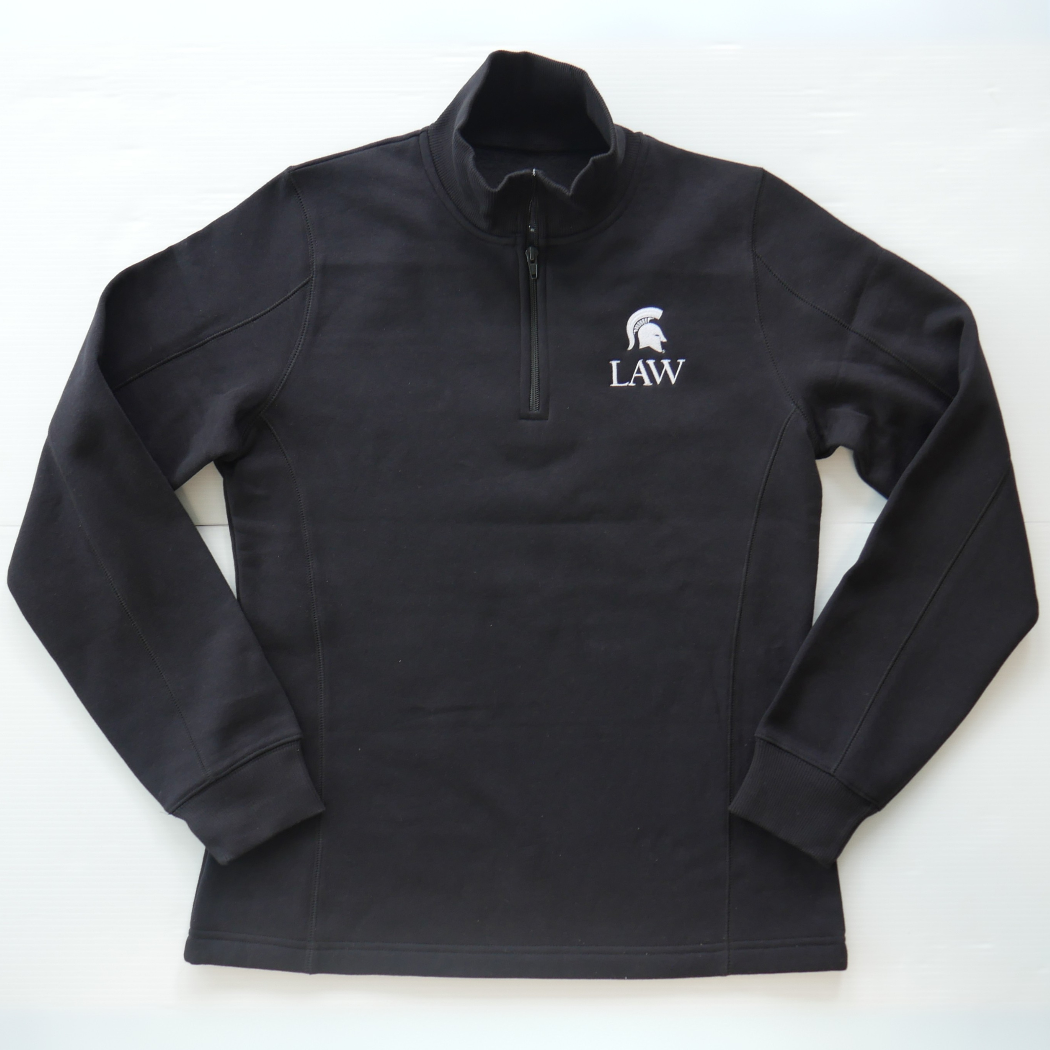 Women's black quarter-zip sweatshirt with a Spartan helmet logo above a 'LAW' wordmark in white on the left upper chest. Shown on a white a background.
