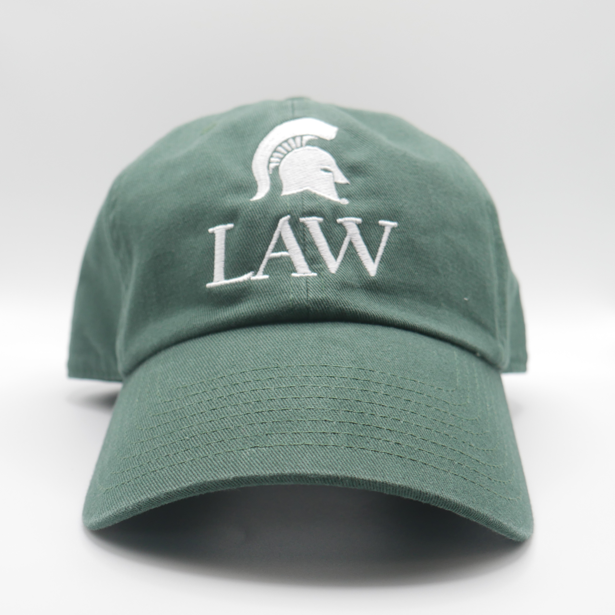 Forest green hat with a white embroidered Spartan helmet and "LAW" wordmark in the center. Shown on a white background.
