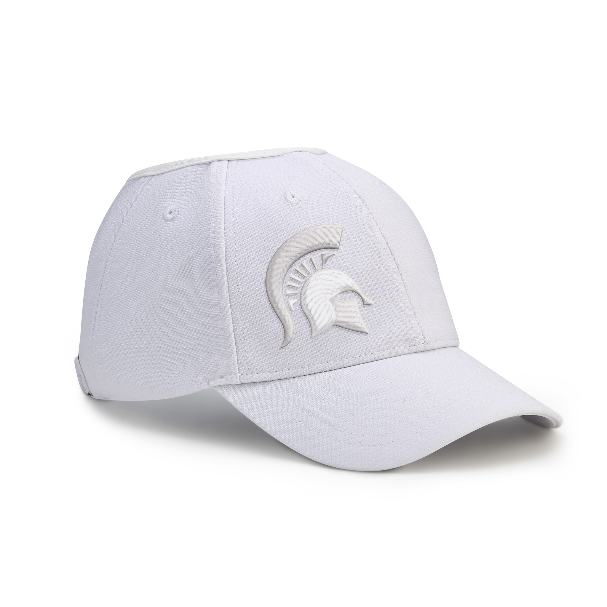 White baseball cap with embroidered Spartan helmet logo on the front and a hole in the top.