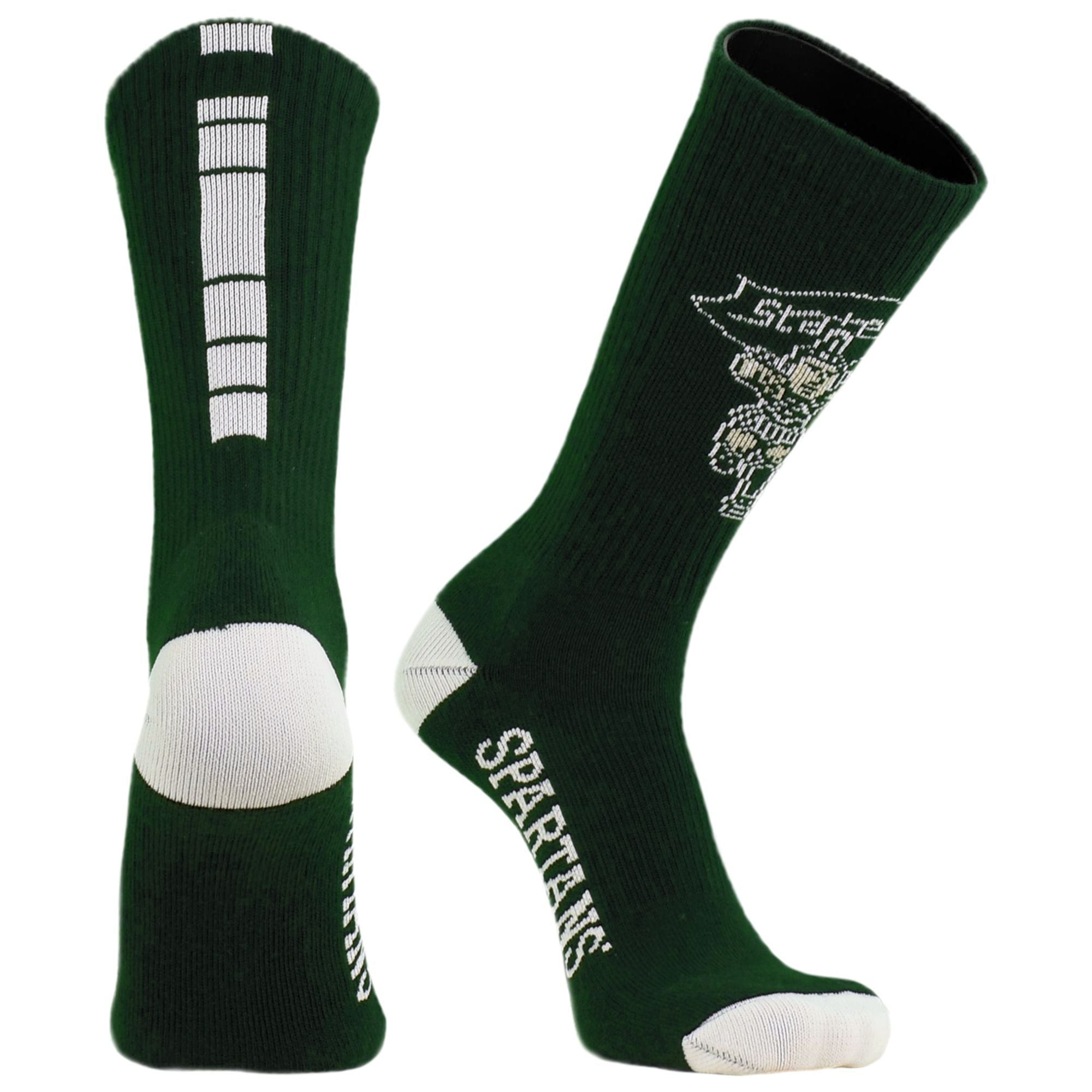 Green socks with white Sparty graphic and 'SPARTANS' text on the side.