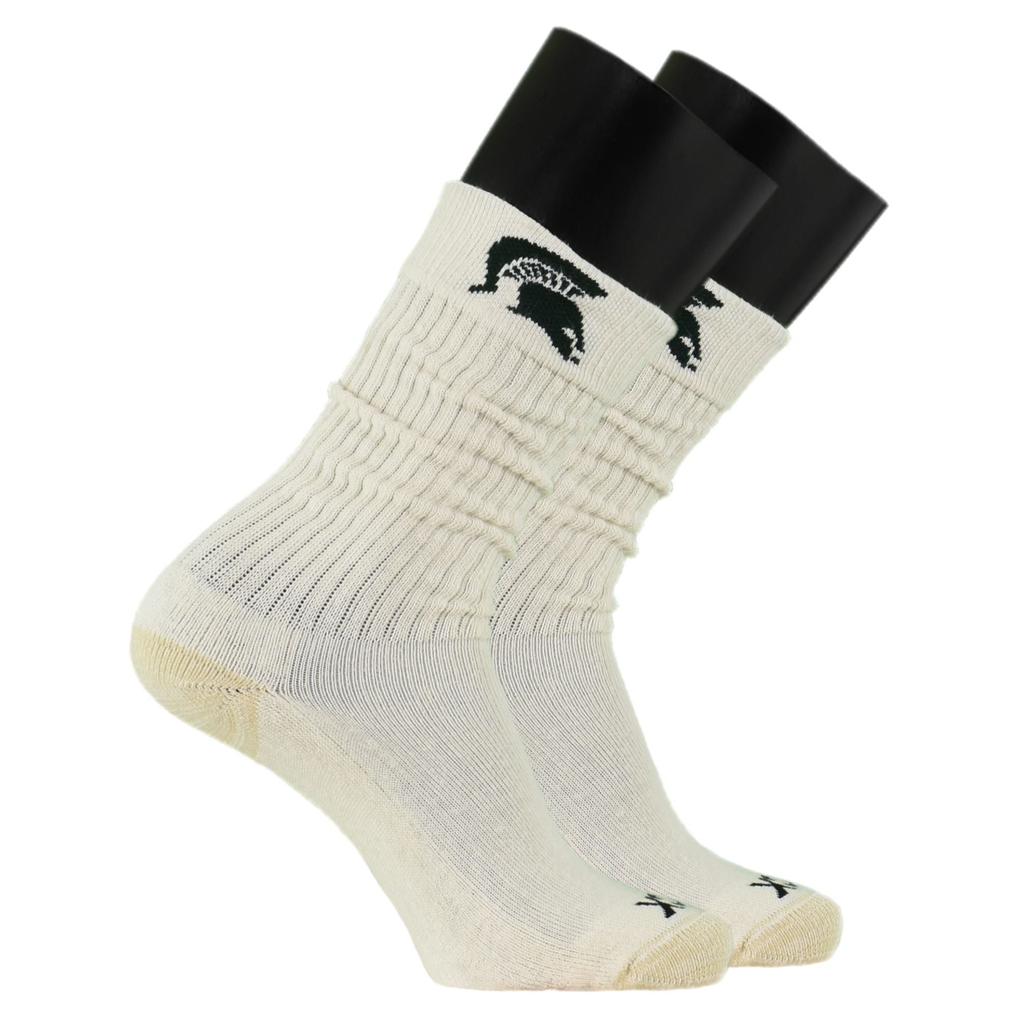 White socks with green Spartan helmet logos near the top.