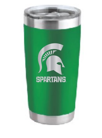 Green 20-ounce stainless steel tumbler. Spartan Helmet etched into tumbler. Below helmet etched in block letters "Spartans" Stainless steel stripes at top and bottom of tumbler.