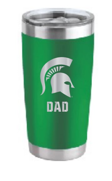 A green stainless steel travel mug with 'DAD' and a Spartan helmet logo printed on it