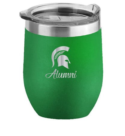 A green stainless-steel powder coated tumbler with a cursive alumni logo and a Spartan helmet on it.