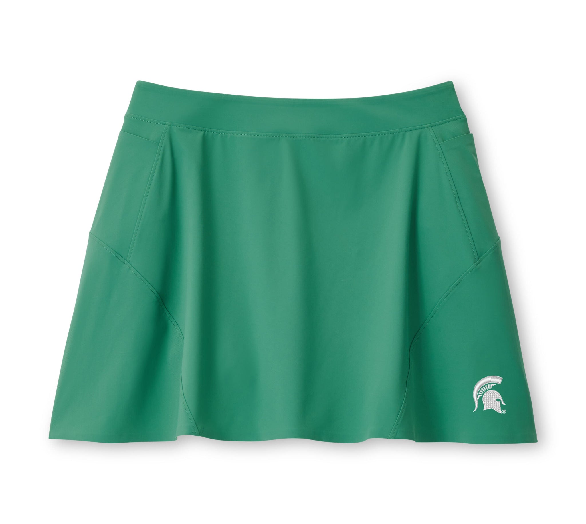 A green golf skort with a Spartan Helmet logo on the left side, designed for women.