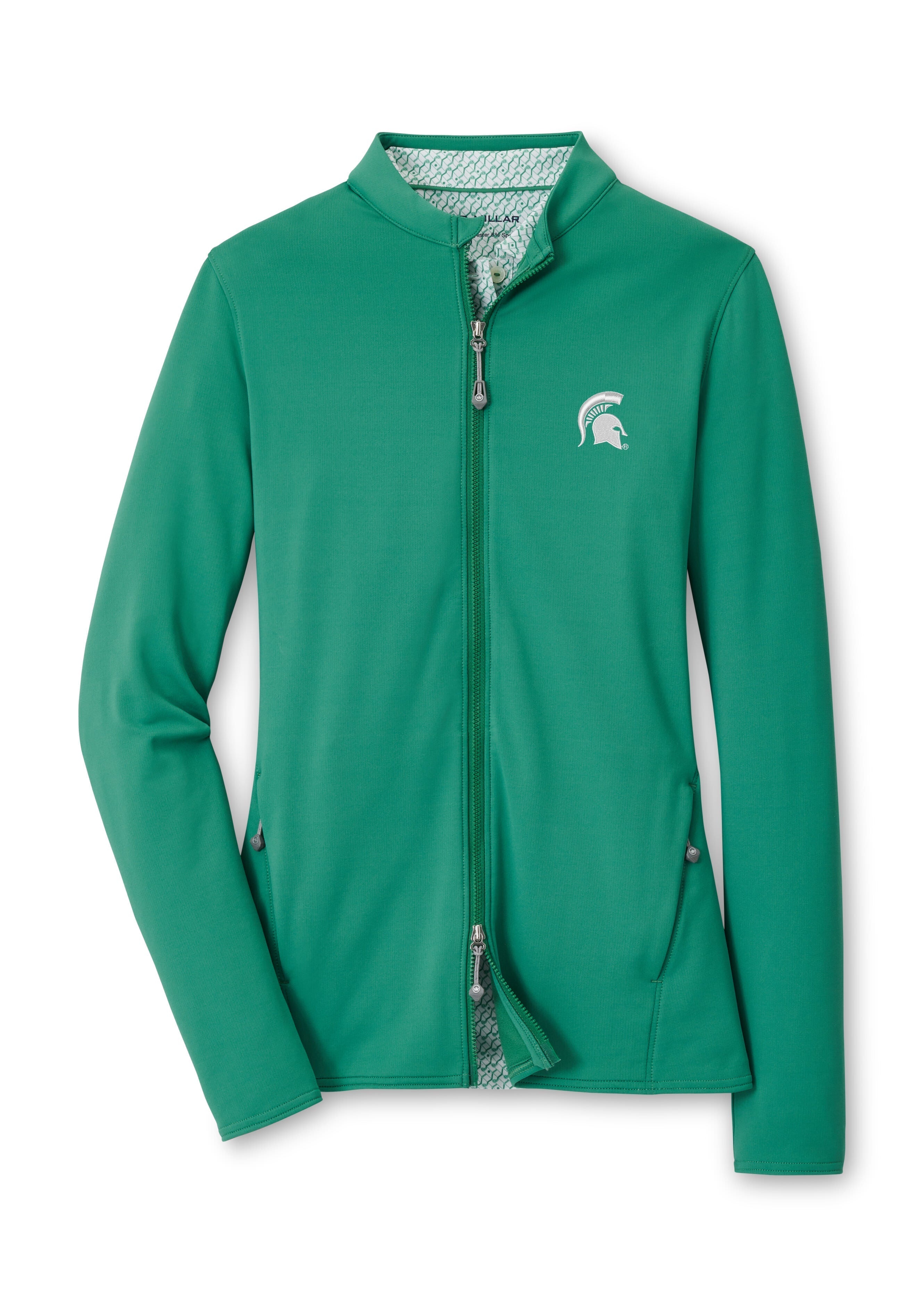 Green zip-up jacket with long sleeves and Spartan helmet logo on the left chest.
