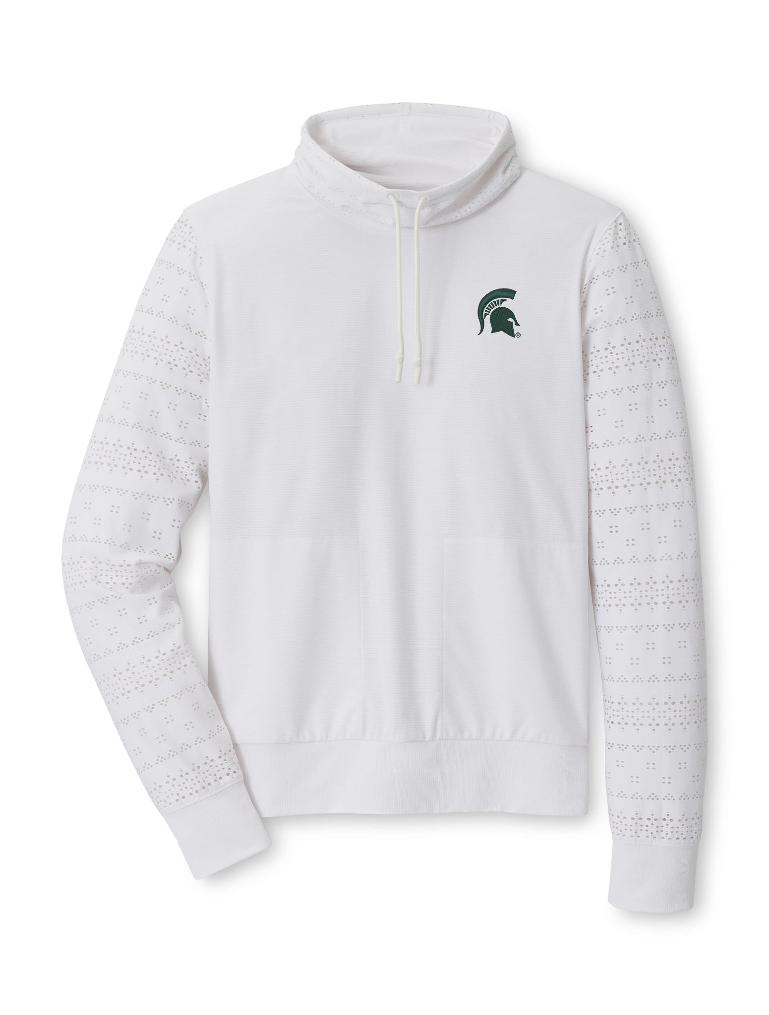 A white women's pullover with eyelet patterns on the sleeves and back, and a modified cowl neck featuring a Spartan Helmet logo on the left side of the chest.