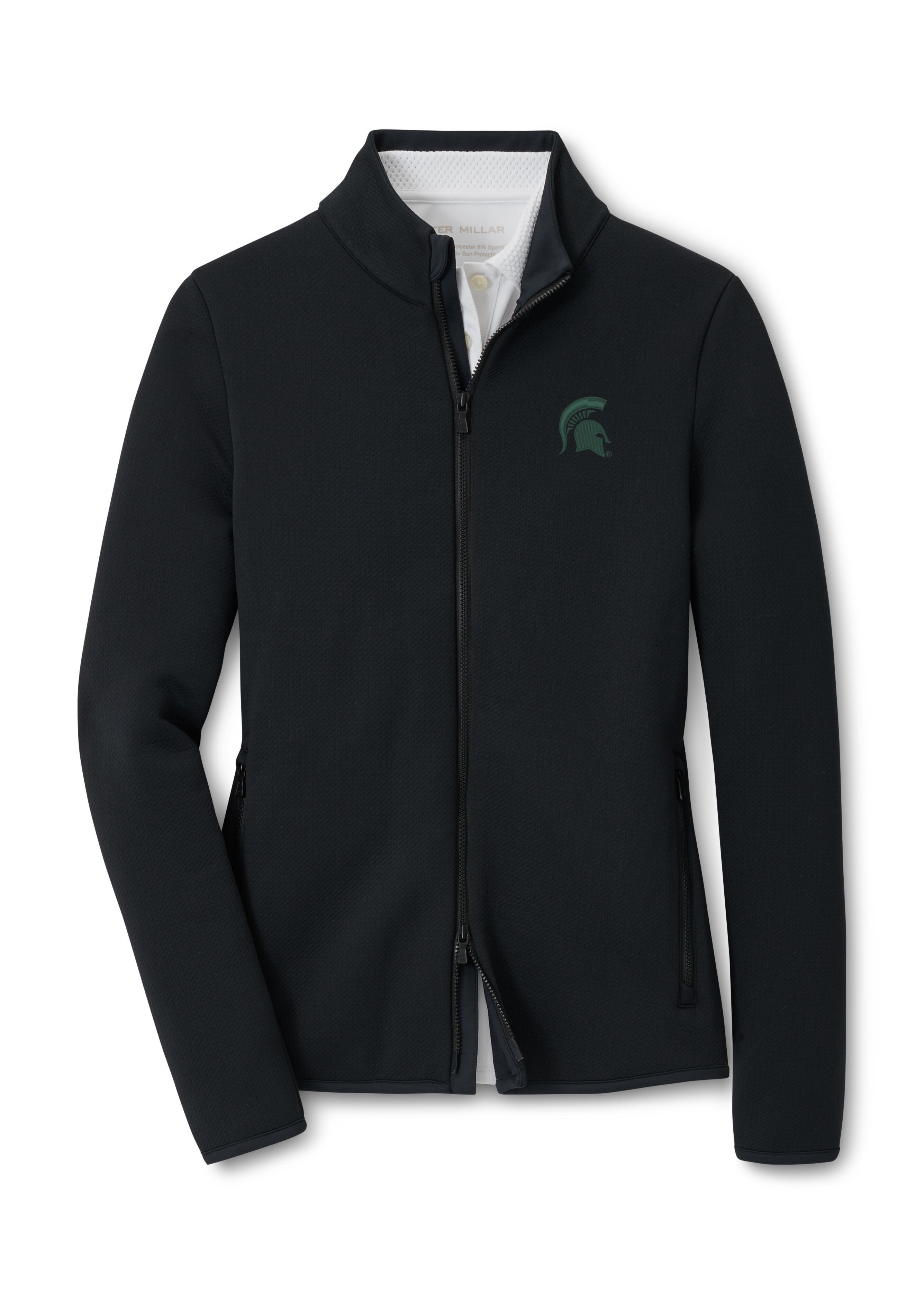 Black zip-up jacket with long sleeves and Spartan helmet logo on the left chest.