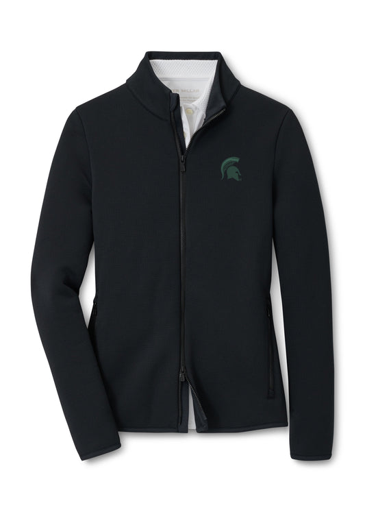 Black zip-up jacket with long sleeves and Spartan Helmet logo on the upper left chest.