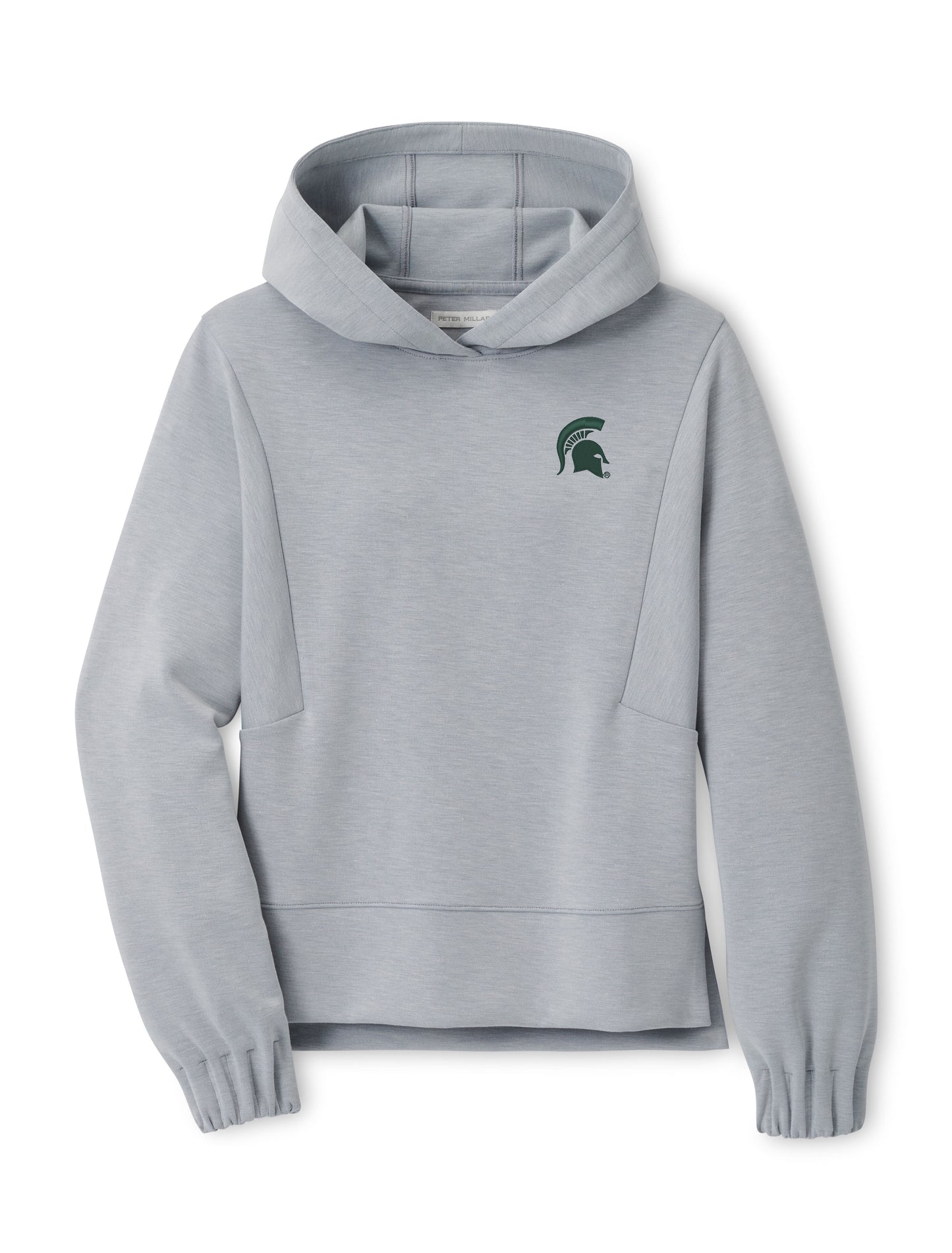 Light gray hoodie with an angled construction, cinched arm cuffs, and a green Spartan Helmet logo embroidered on the left upper chest.