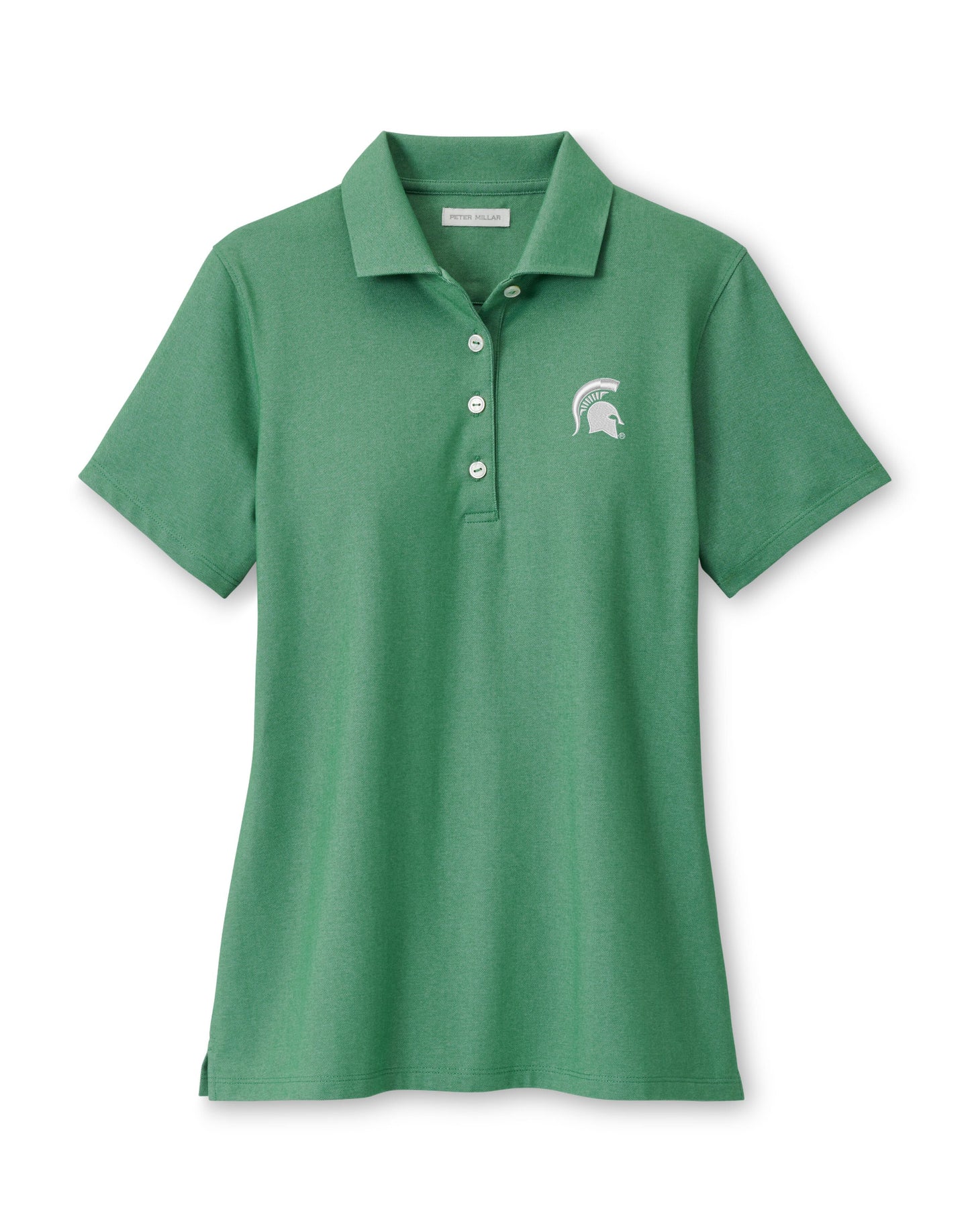 Green polo with a white four-button placket at the top and a white Spartan Helmet logo on the left upper chest.