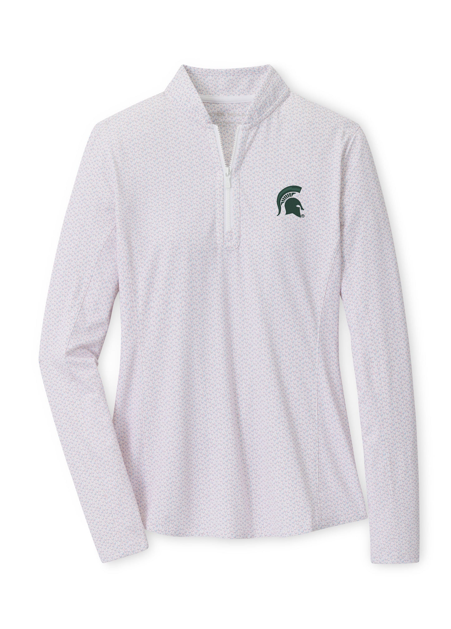 White quarter-zip with a white zipper, spotted print, and dark green Spartan Helmet logo embroidered on the upper left chest. Shown on a white background.