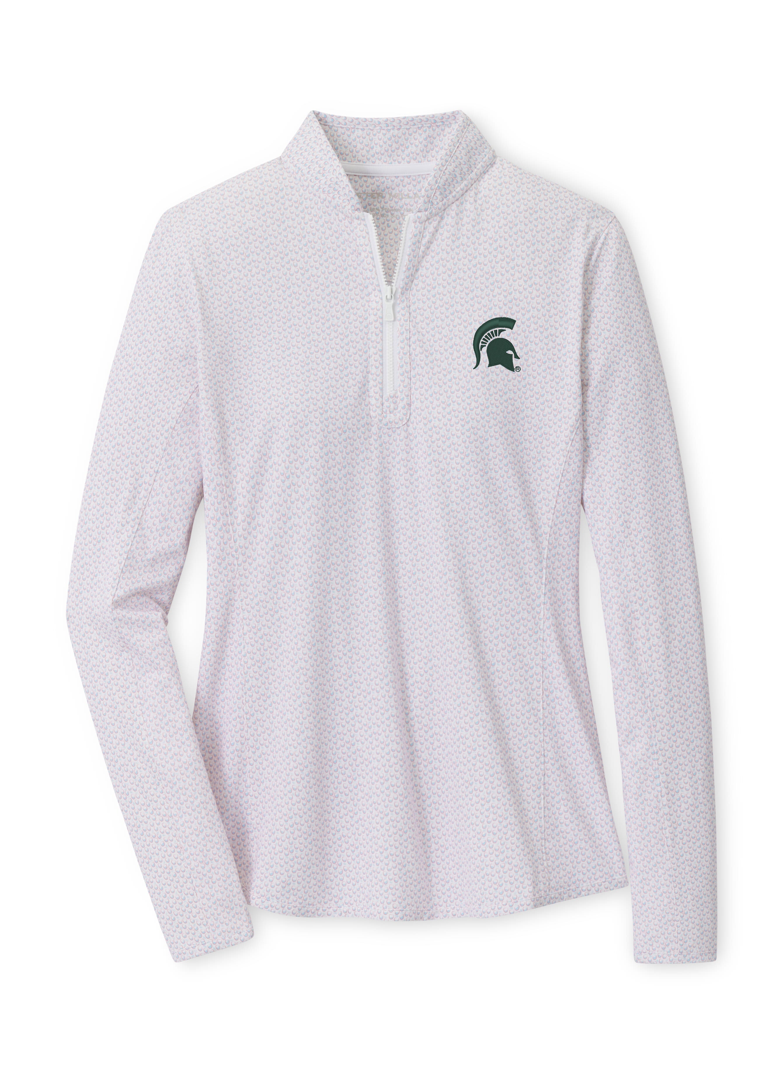 White quarter-zip with a white zipper, spotted print, and dark green Spartan Helmet logo embroidered on the upper left chest. Shown on a white background.