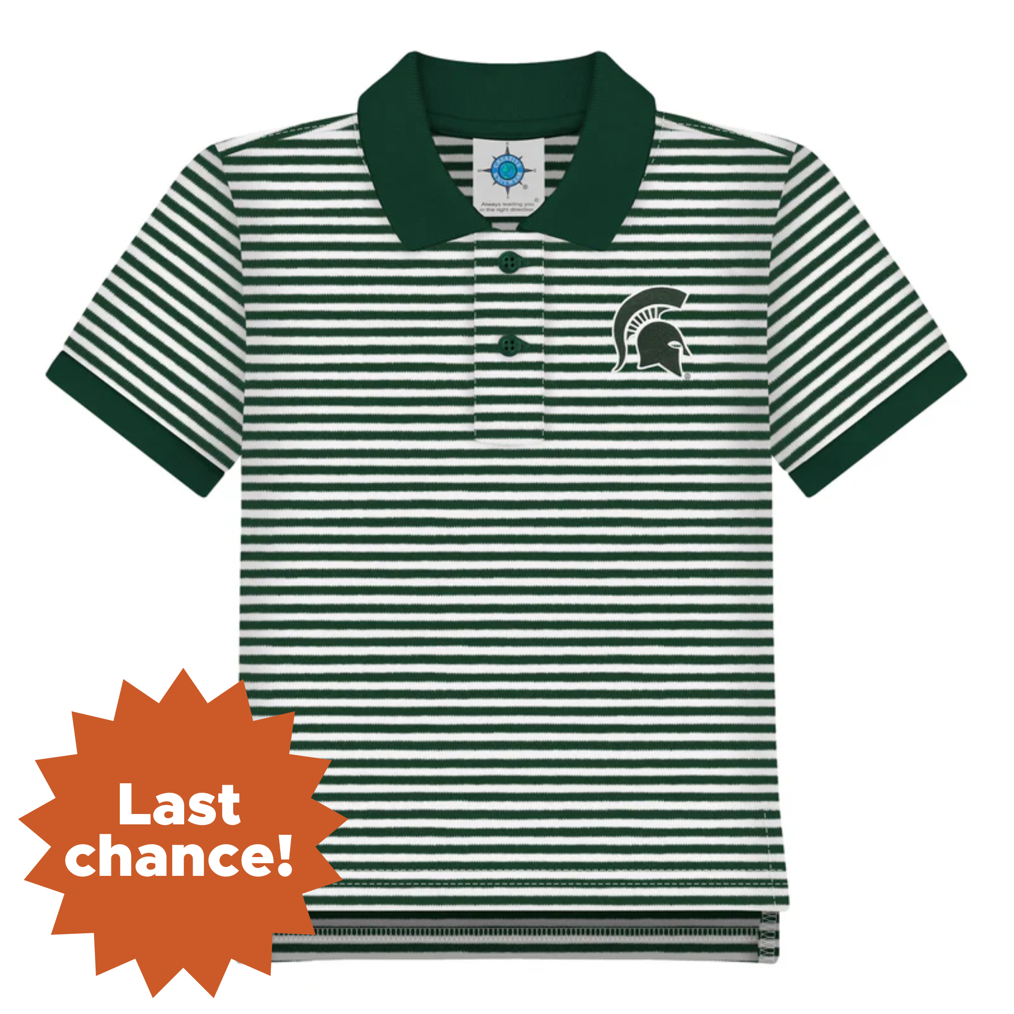 White two-button short-sleeved polo shirt with forest green horizontal pin stripes. The collar and sleeve hems are solid green. On the left chest is an embroidered forest green Spartan helmet. In the lower left corner is an orange sunburst with the words "Last chance!"