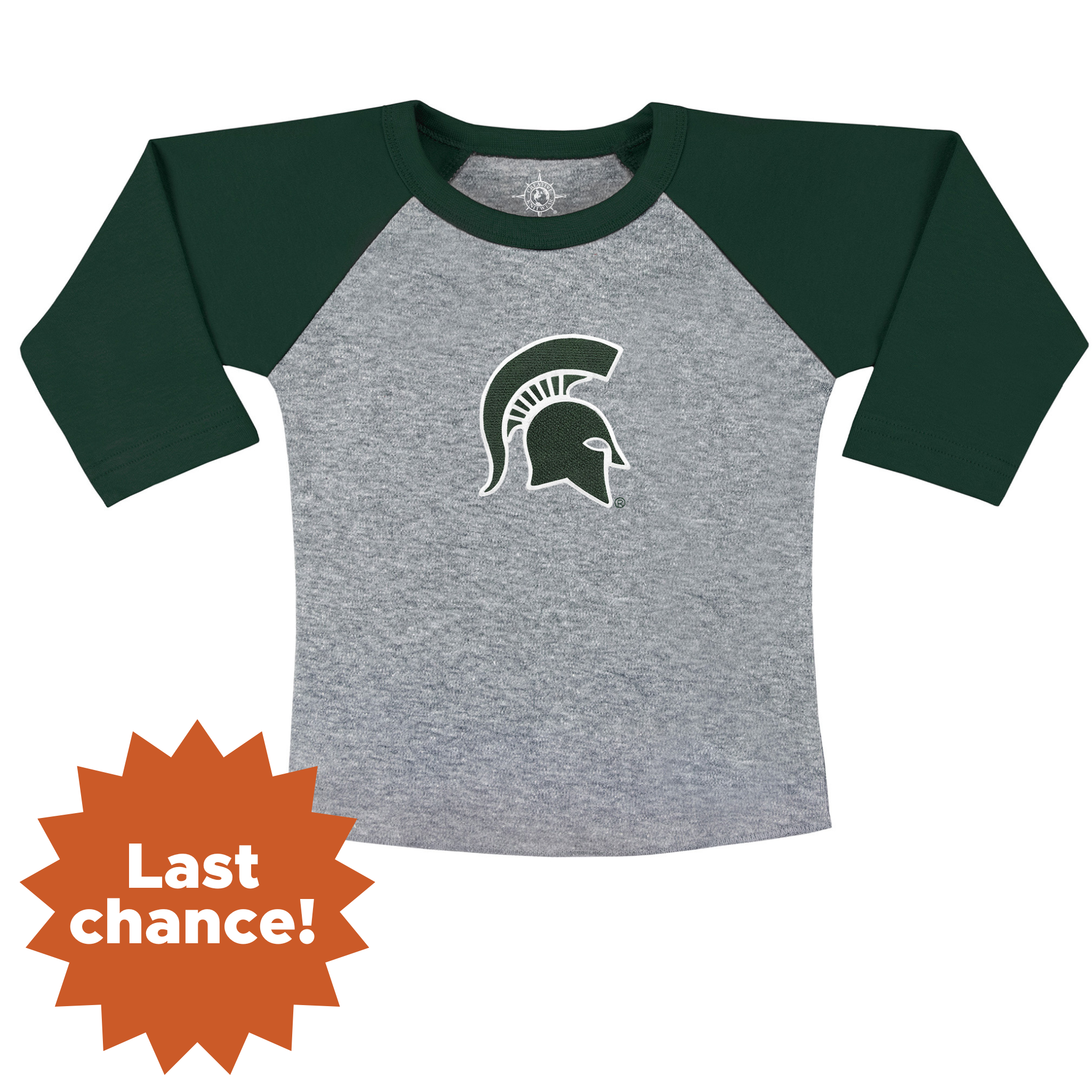 Toddler raglan shirt with green sleeves, a gray chest, and a green Spartan helmet on center chest. In the lower left corner is an orange sunburst with the words "Last chance!"