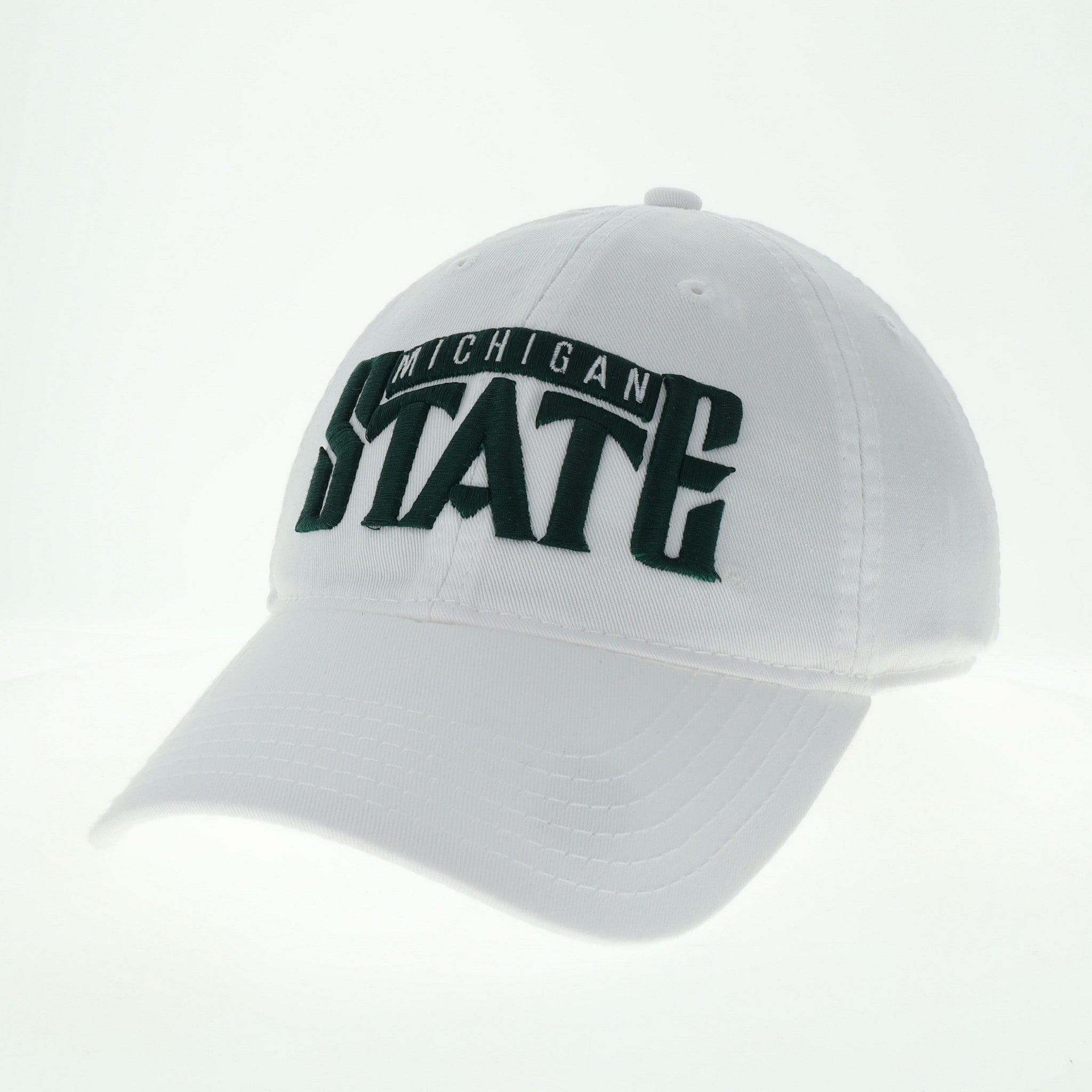 White twill cap with 'Michigan State' embroidered on the front in green
