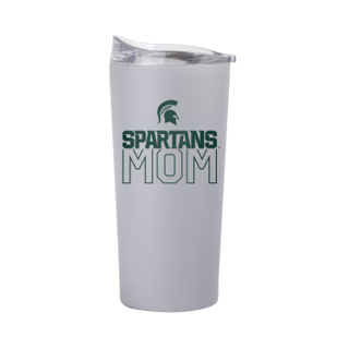 A slate gray tumbler with a clear lid. A small green Spartan Helmet logo is centered over green athletic text reading “Spartans” slightly overlapping green outlined block letters reading "mom.”