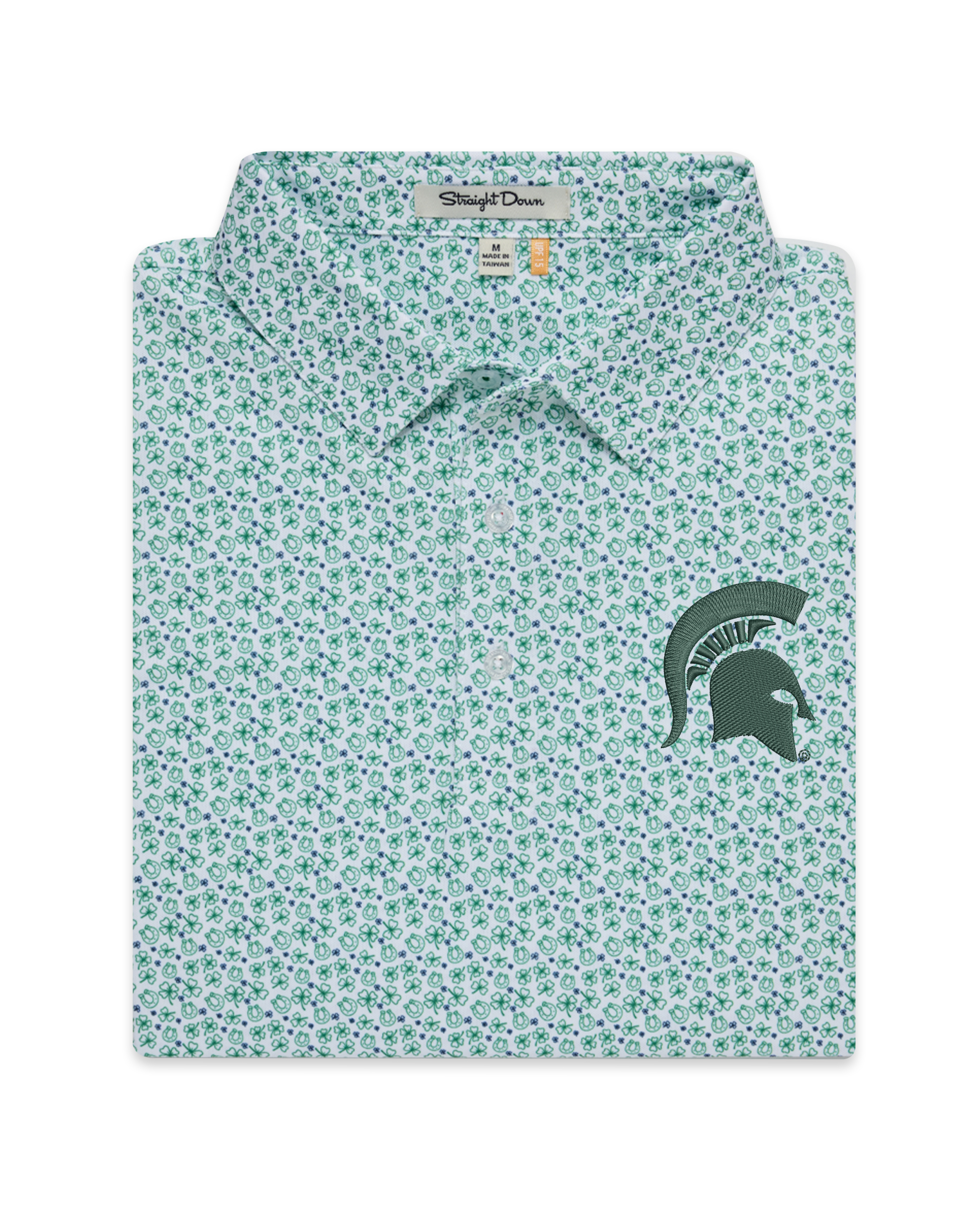 Polo shirt with a green shamrock print, 3-button up durable collar, and dark green Spartan Helmet logo on the upper left chest. Shown on a white background.