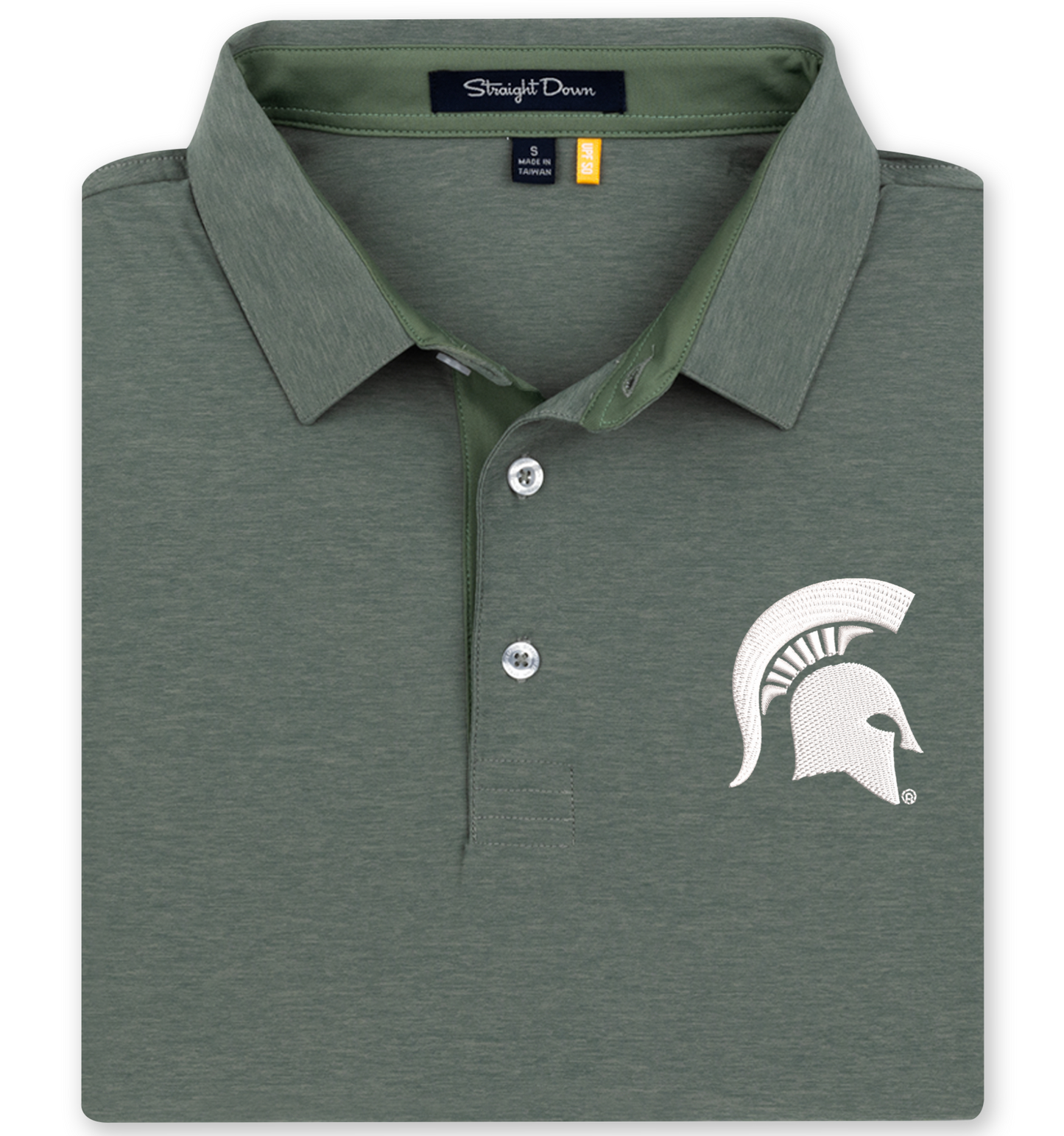 Heather green polo shirt with a white embroidered Spartan Helmet logo on the left upper chest.