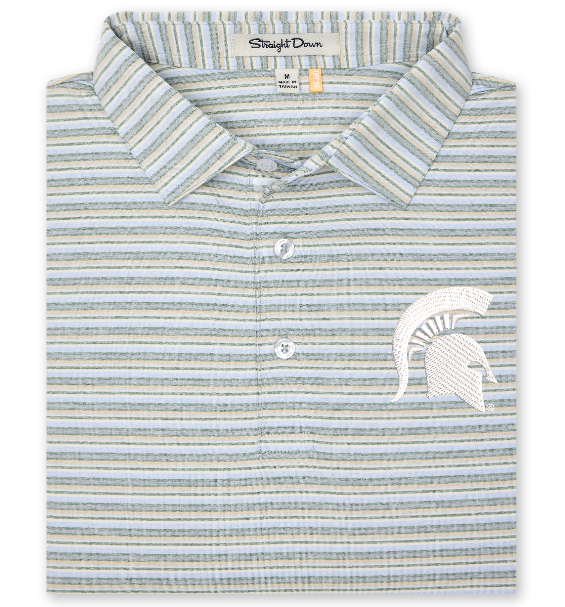 Green, yellow, blue, and white striped polo shirt with a white embroidered Spartan helmet logo on the left upper chest.