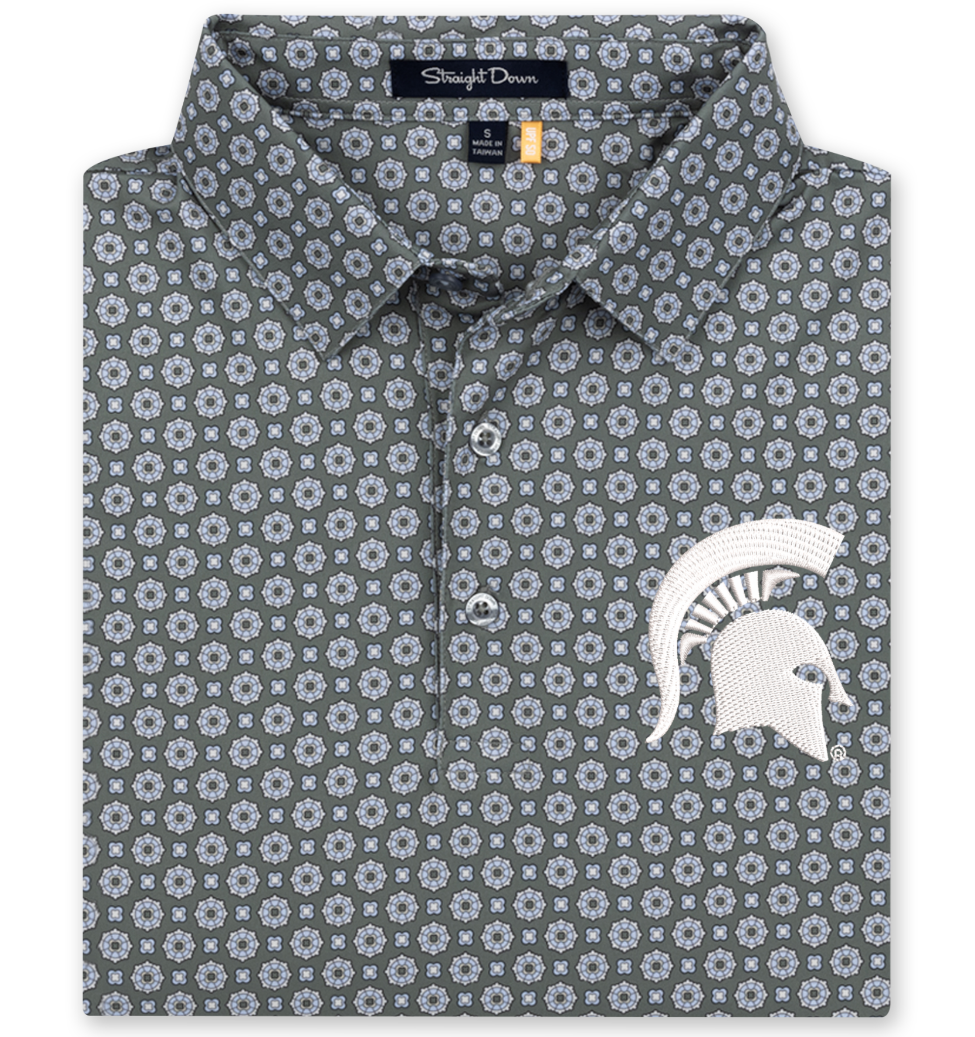 Gray and blue floral patterned polo shirt with a white embroidered Spartan helmet logo on the left upper chest.