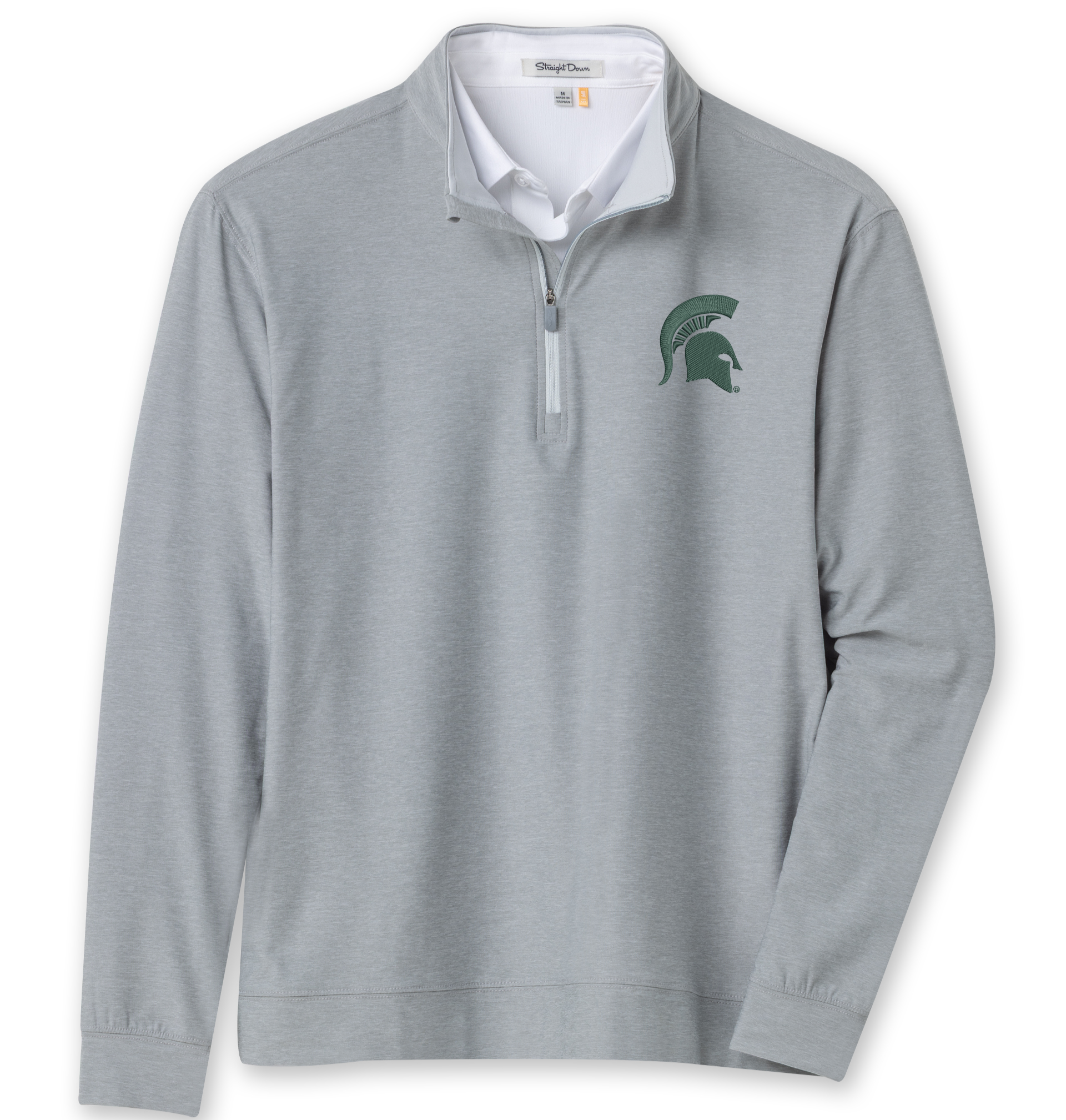 Gray long-sleeve shirt with a green Spartan helmet logo on the chest against a white background