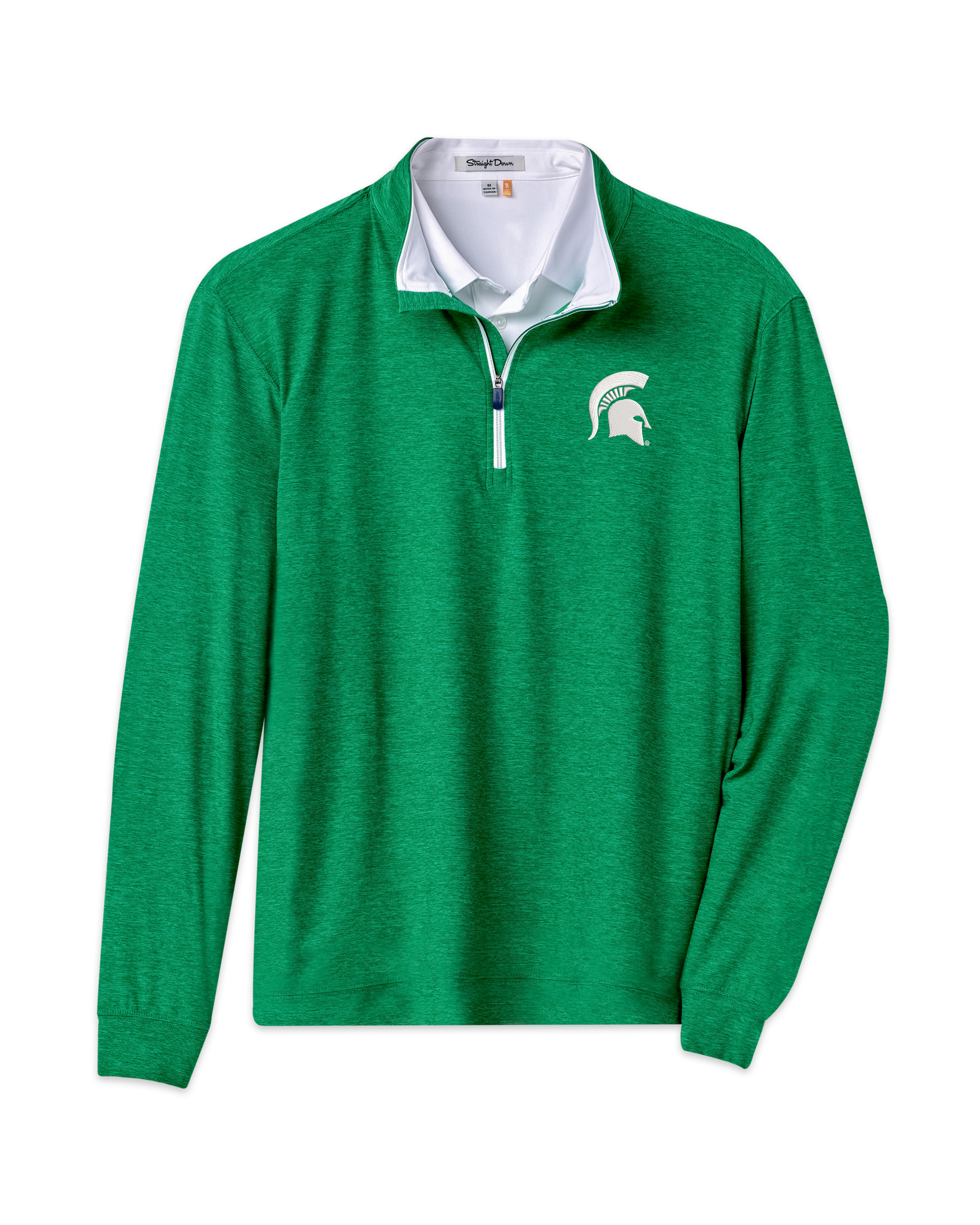 Bright green quarter-zip pullover with a white zipper and white Spartan Helmet logo on the upper left chest. Shown on a white background.