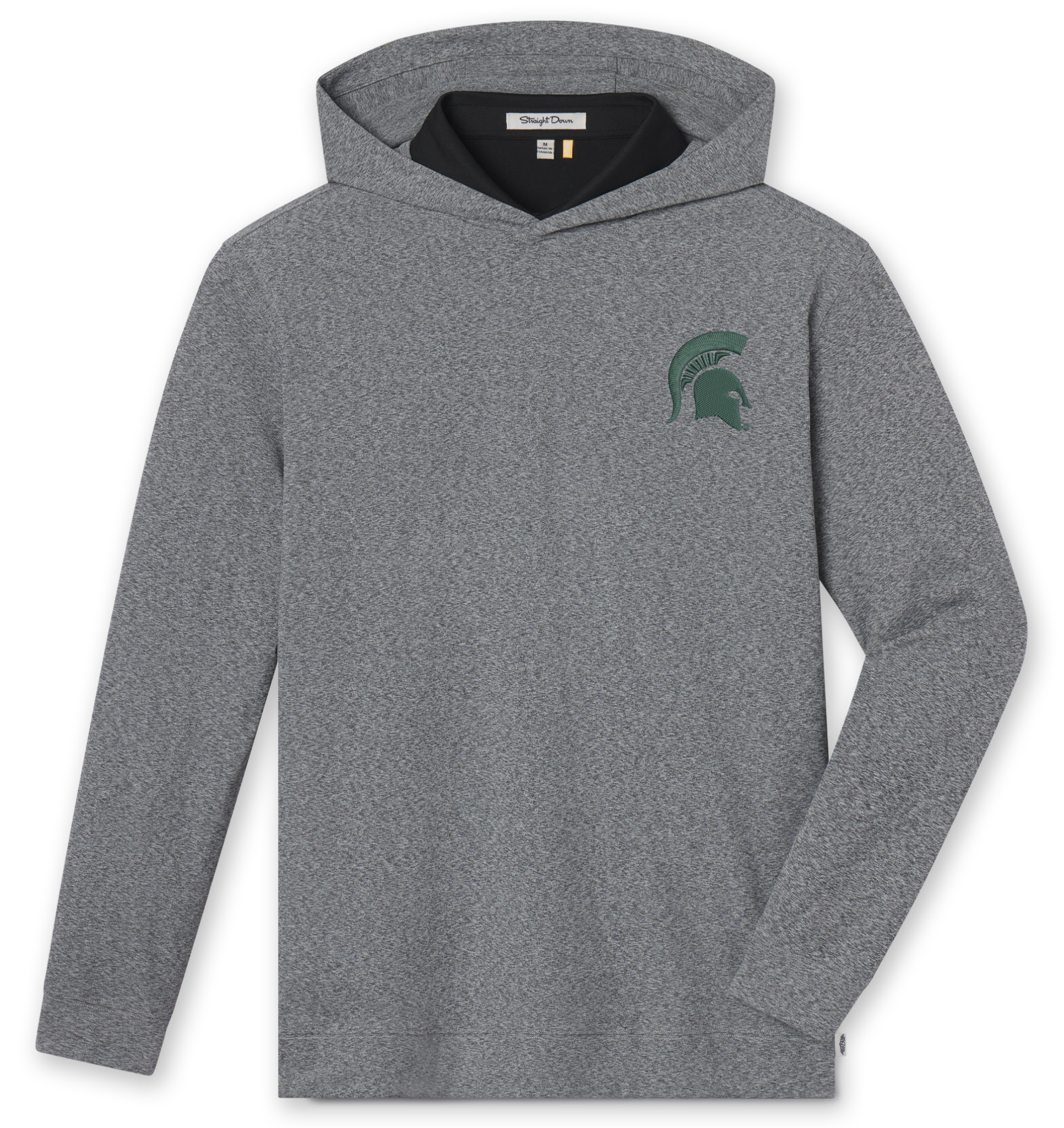 Heather gray hoodie with a green embroidered Spartan helmet logo on the left upper chest.