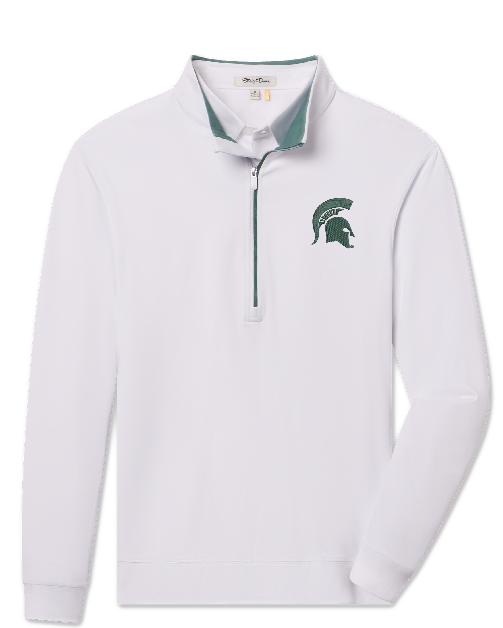 White pullover with green Spartan helmet logo on a white background