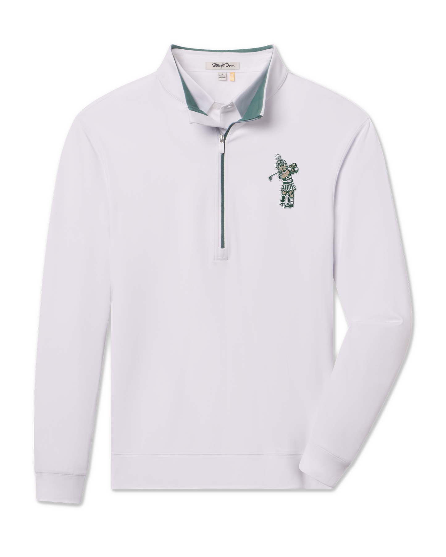 White quarter zip pull over with green zipper. On left chest is an embroidered Golf Sparty logo. On the inside of collar is a sage green accent.