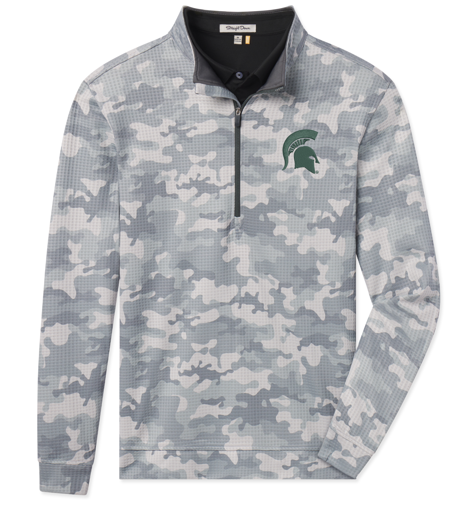 Gray and white camouflage patterned quarter-zip pullover with a embroidered green Spartan helmet logo on the left upper chest.