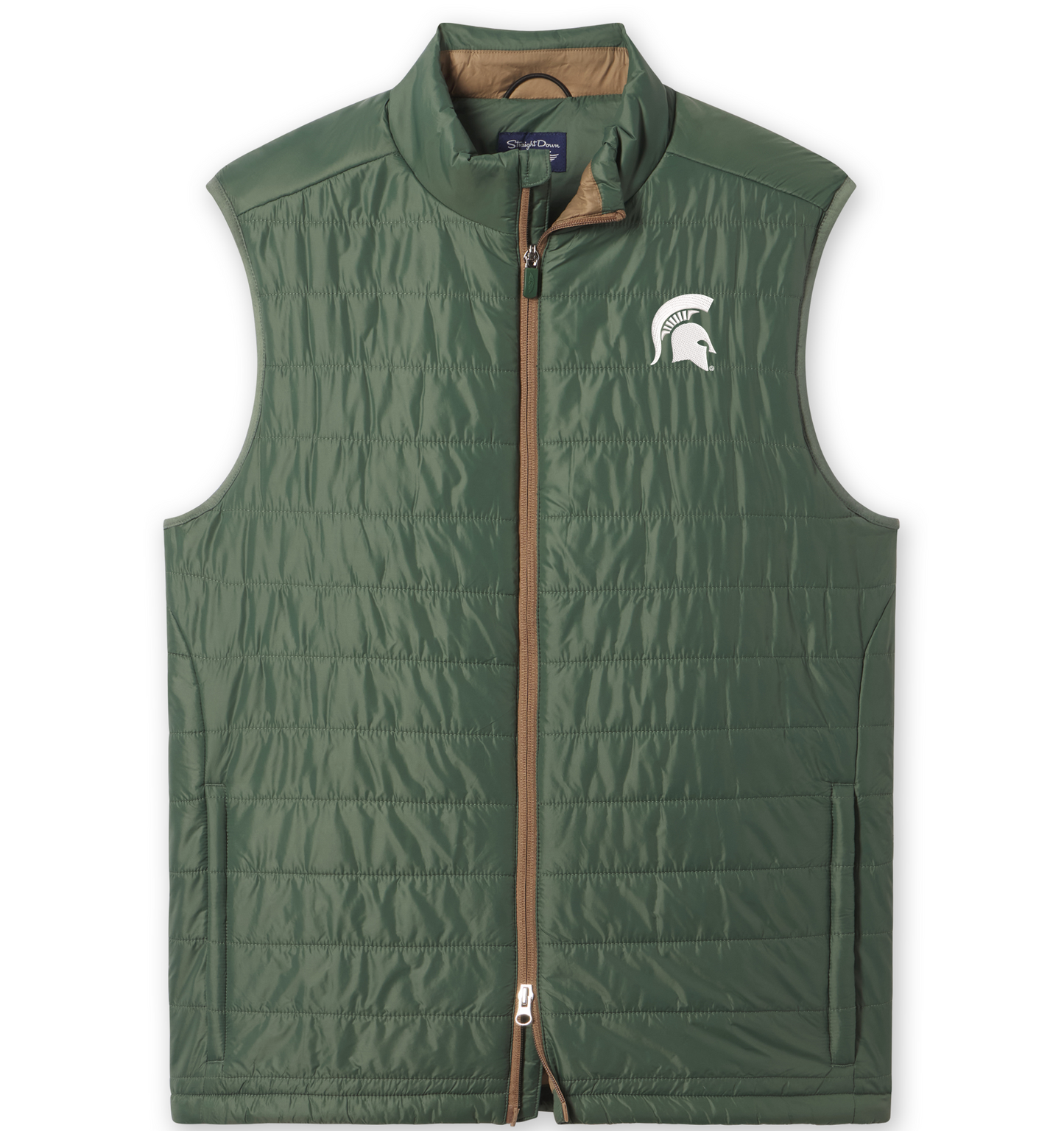 Green quilted vest with a white embroidered Spartan Helmet logo on left upper chest. Brown contrast two-way zipper and band inside the collar.
