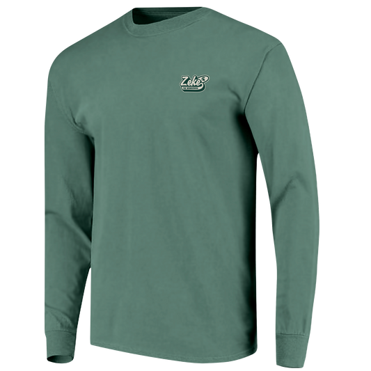 Front of a green T-shirt with text in the upper left corner that reads "Zeke."
