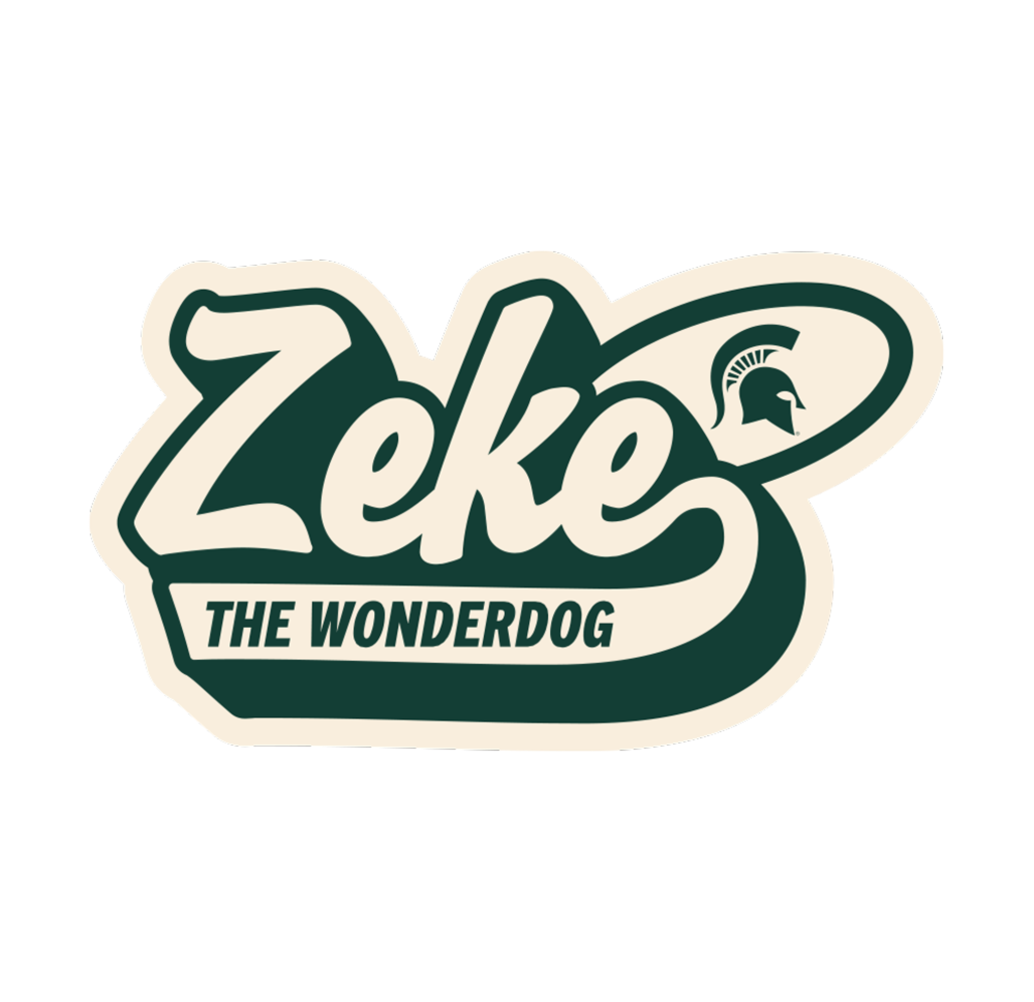 Sticker with 'Zeke The Wonderdog' text and green spartan helmet logo on a white background