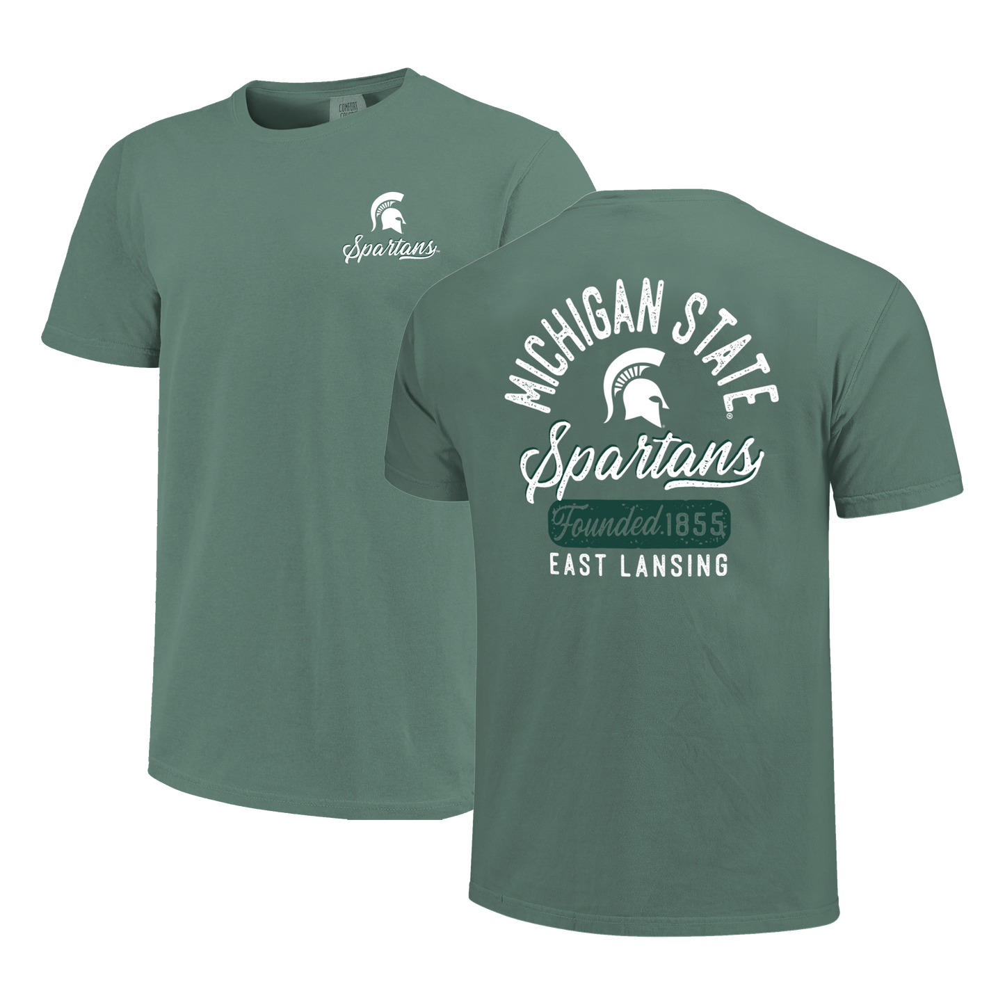 Front and back of a green T-shirt. On the left side of the image is the front of a green T-shirt with a white Spartan Helmet logo and script text that reads "Spartans" in white. On the right side of the screen is the back of a green T-shirt with arched text that reads "Michigan State," a Spartan Helmet logo, script text that reads "Spartans," green cut out text that reads "Founded 1855," and white text that reads "East Lansing."