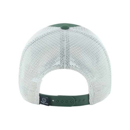 Back of a green and white hat with white mesh and an adjustable green snapback closure.