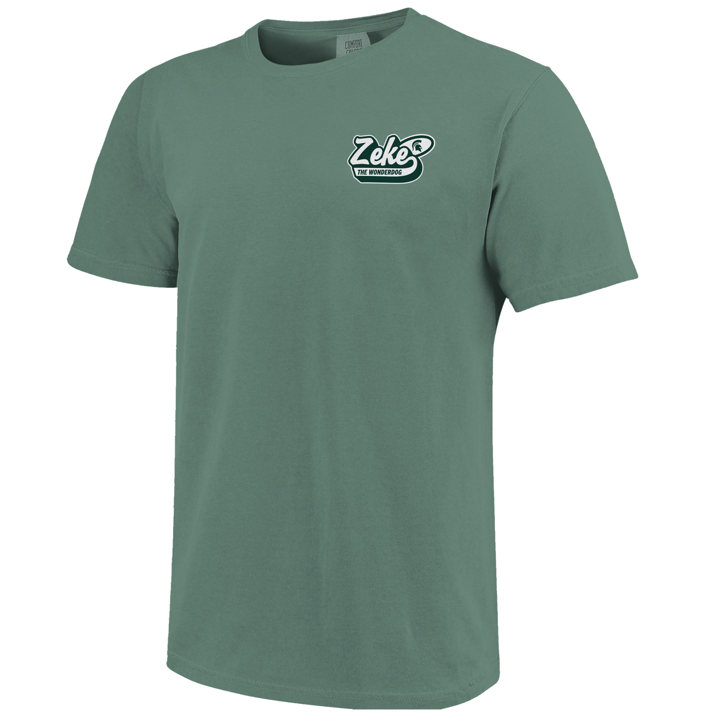 Front of a green T-shirt with bubbled text that reads "Zeke the Wonderdog" on the upper left chest.
