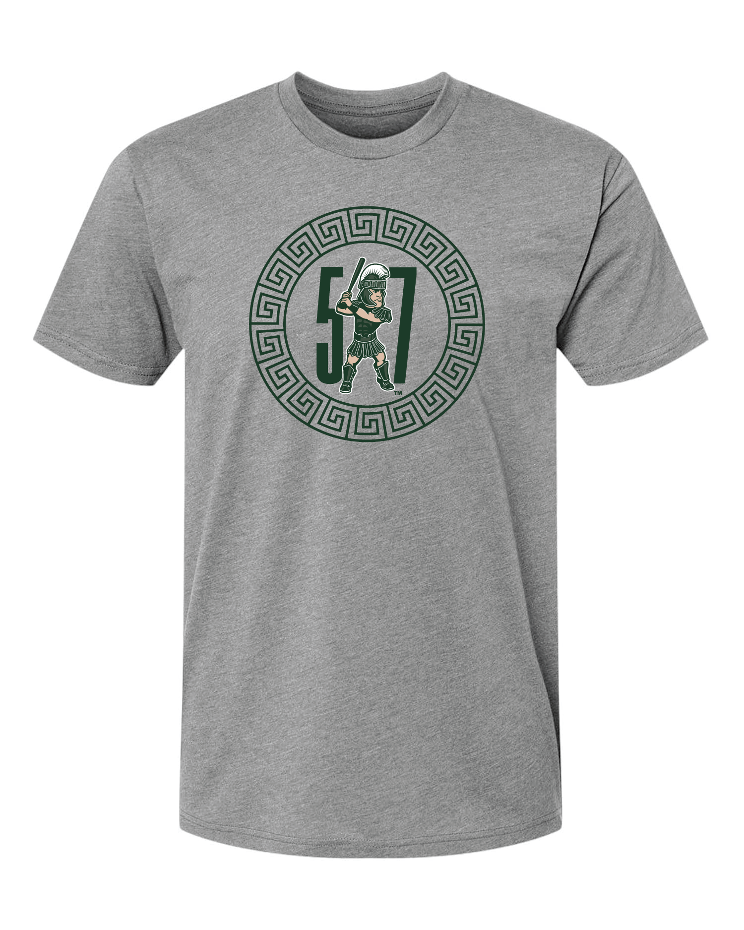 Gray T-shirt with a graphic design featuring a 517 Baseball Sparty centered in middle of chest with a circle Greek Design.