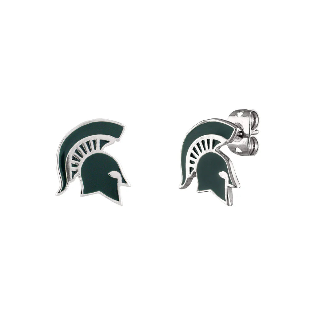 Silver earrings shaped as green Spartan Helmet logos.