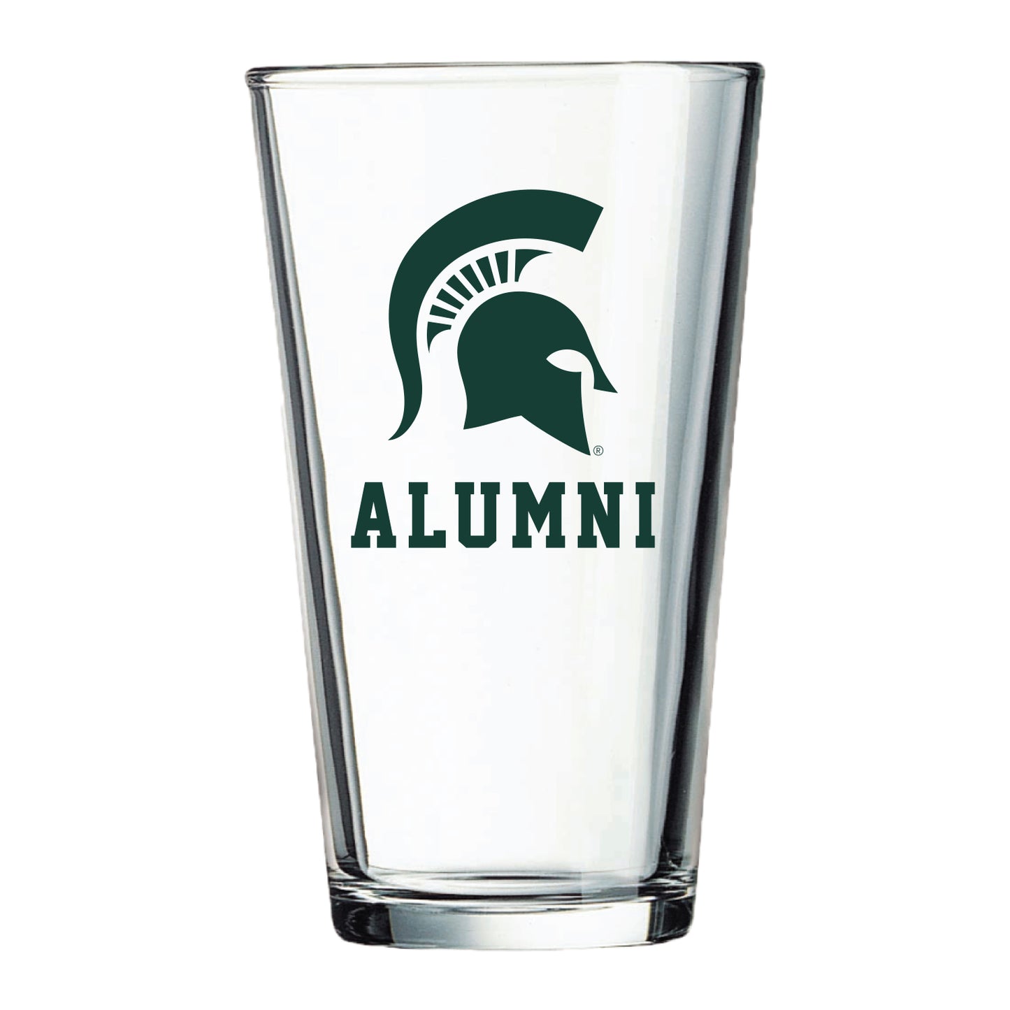 16 ounce pint glass with a green Spartan Helmet logo and green text that reads "Alumni" on the front.